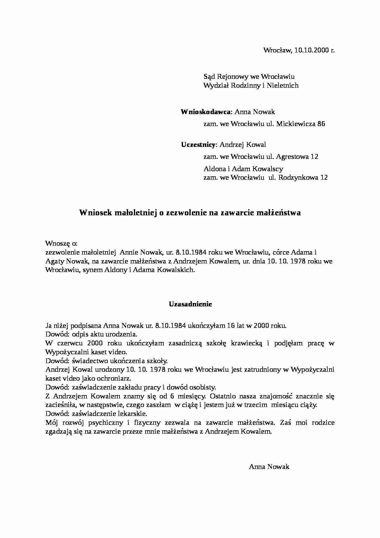 Wniosek małoletniej o zezwolenie na zawarcie małżeństwa - strona 1