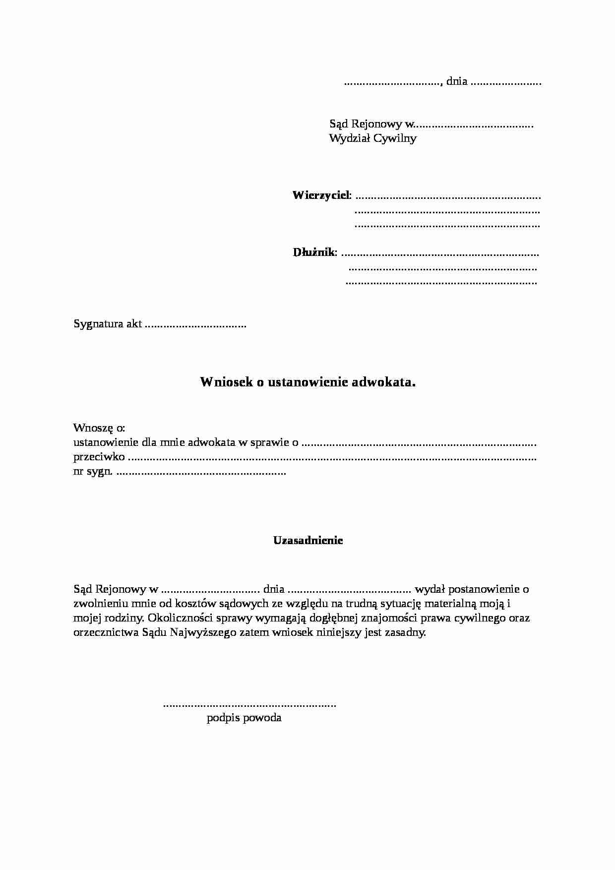 Wniosek o ustanowienie adwokata - strona 1