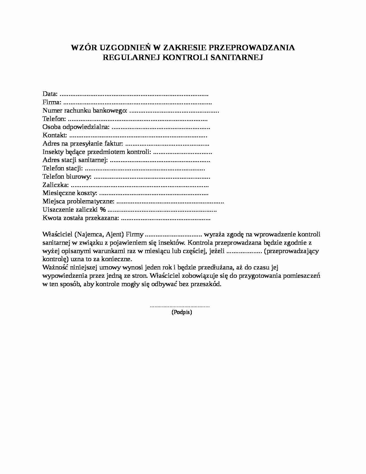 Wzór uzgodnień w zakresie przeprowadzonej kontrli sanitarnej - strona 1