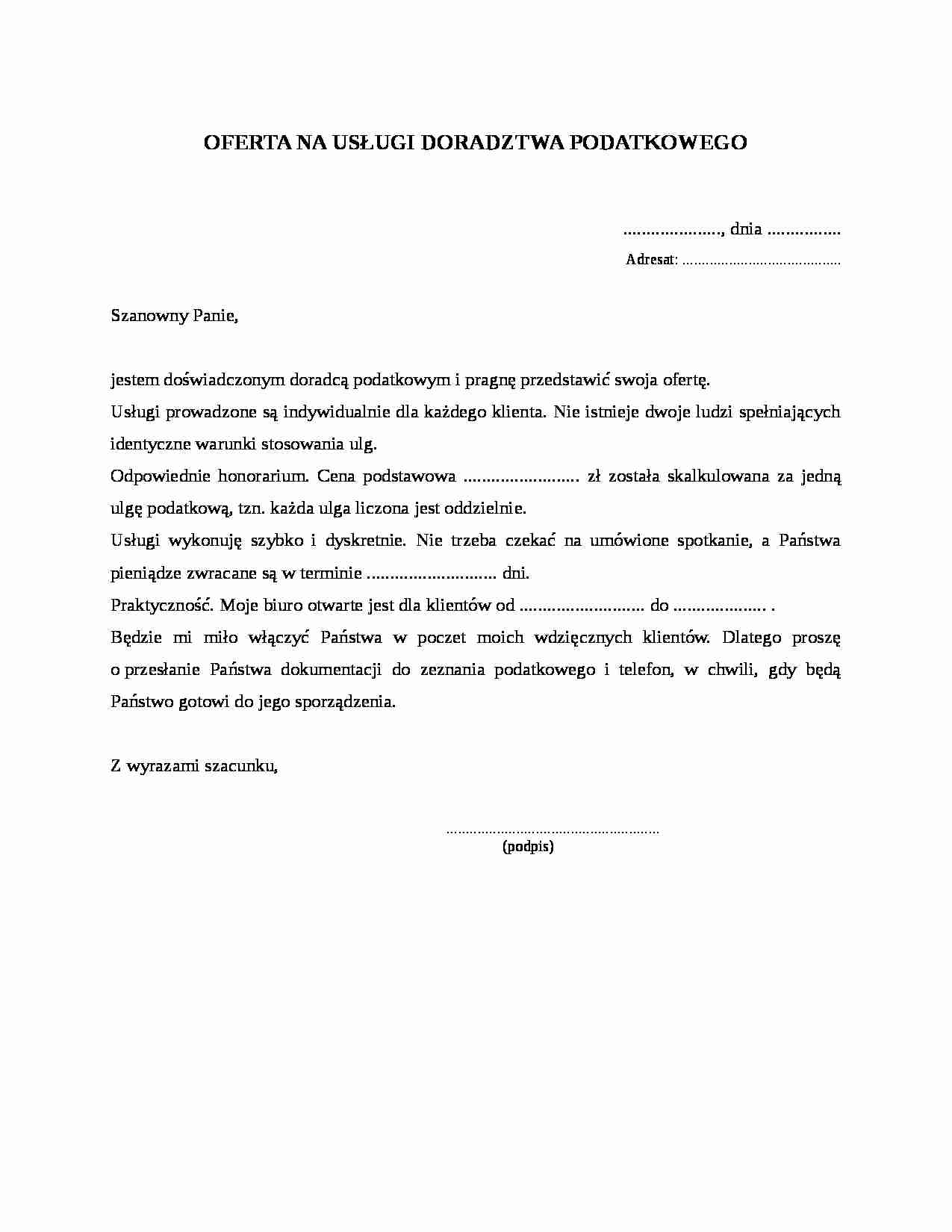 Wzór-Oferta na usługi doradztwa podatkowego - strona 1