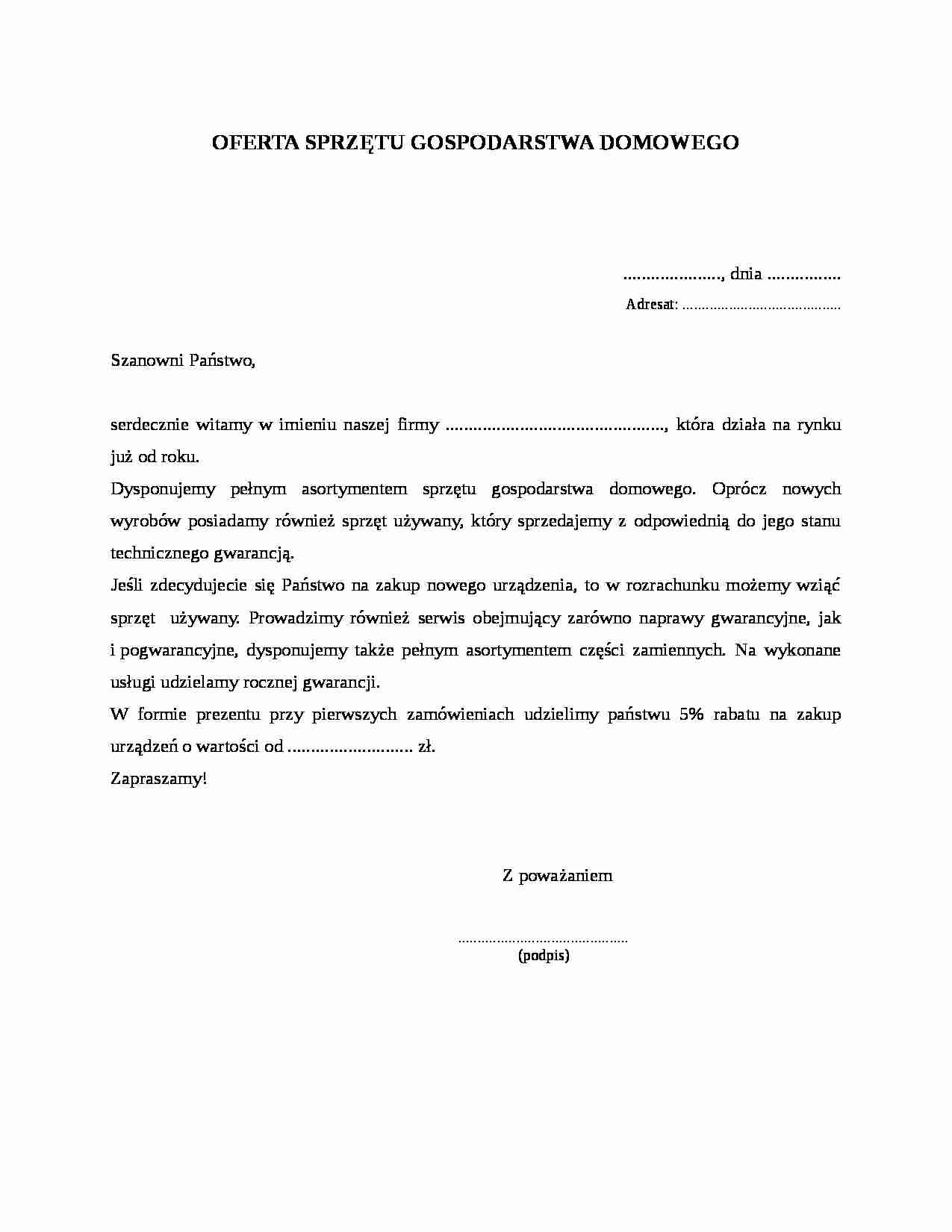 Wzór-Oferta sprzętu gospodarstwa domowego - strona 1