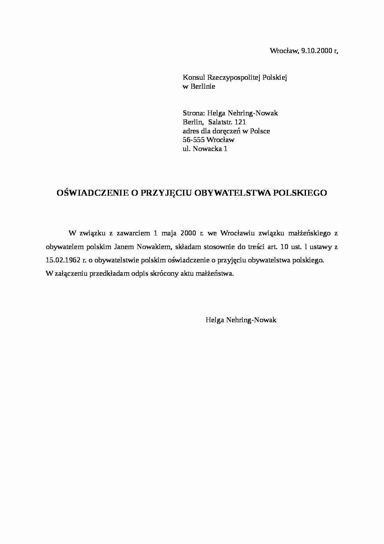 Wzór-Oświadczenie o przyjęciu obywatelstwa polskiego - strona 1