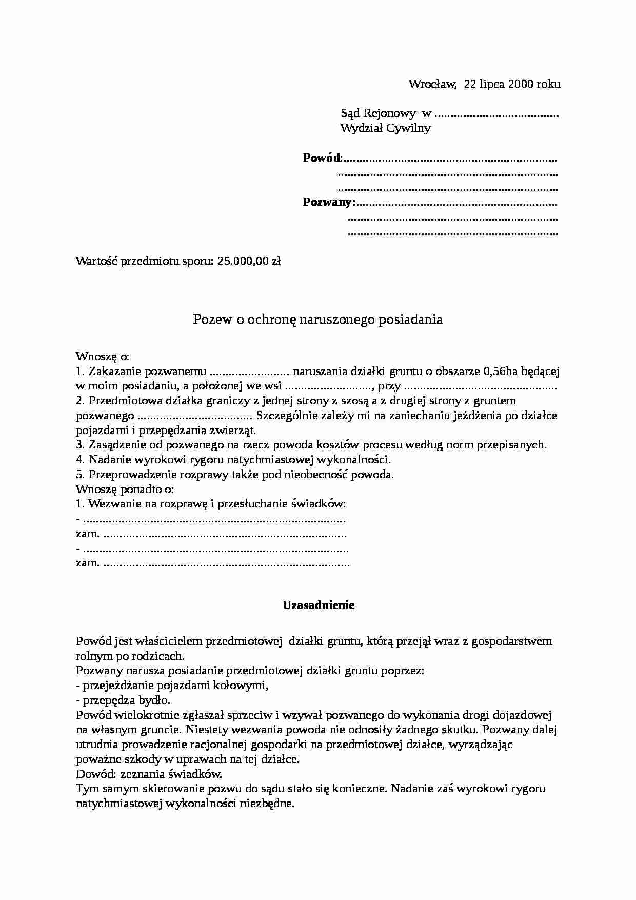 Wzór-Pozew o ochronę naruszonego posiadania - strona 1