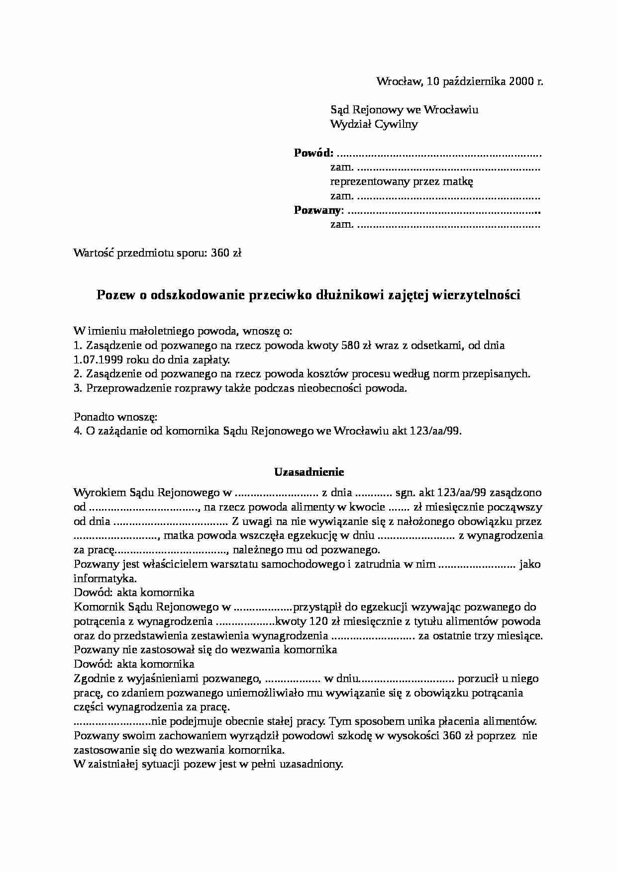 Wzór-Pozew o odszkodowanie przeciwko dłużnikowi - strona 1