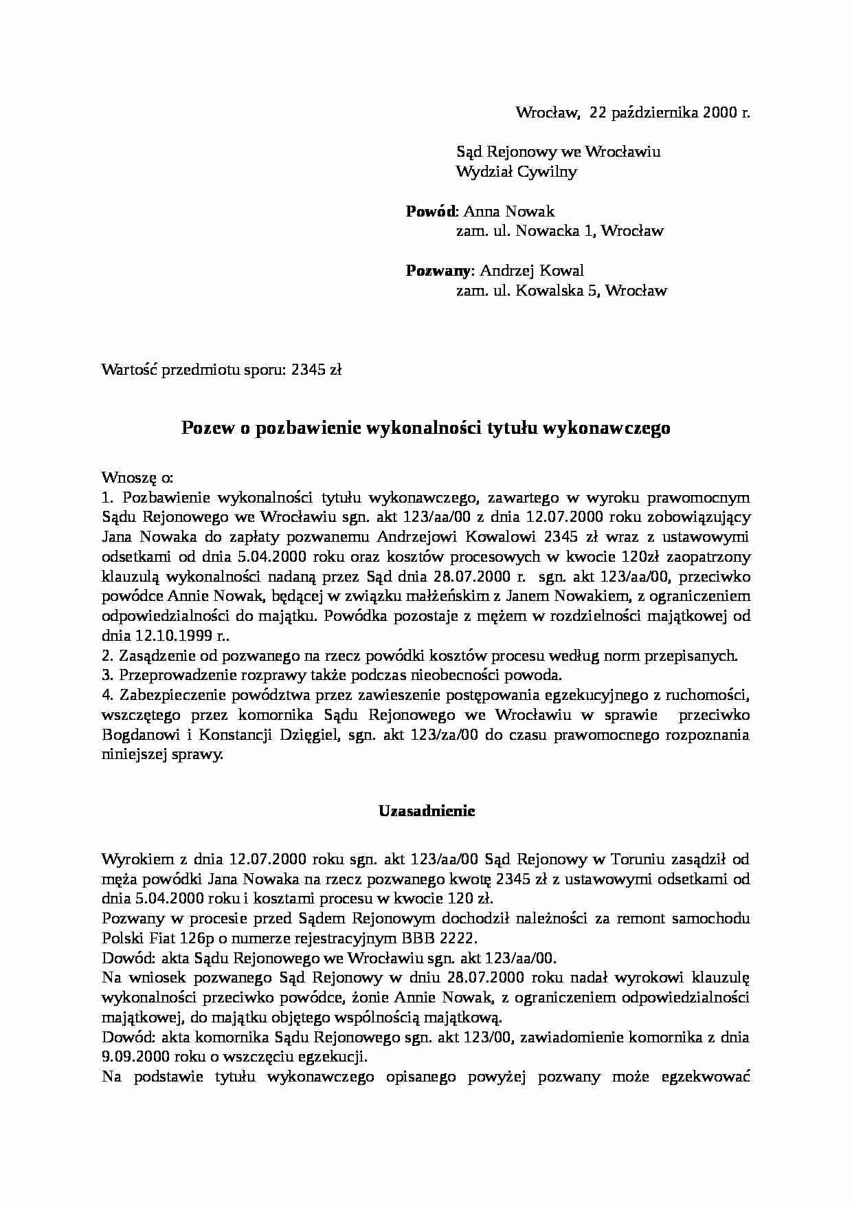 Wzór-Pozew o pozbawienie wykonalności tytułu wykonawczego - strona 1