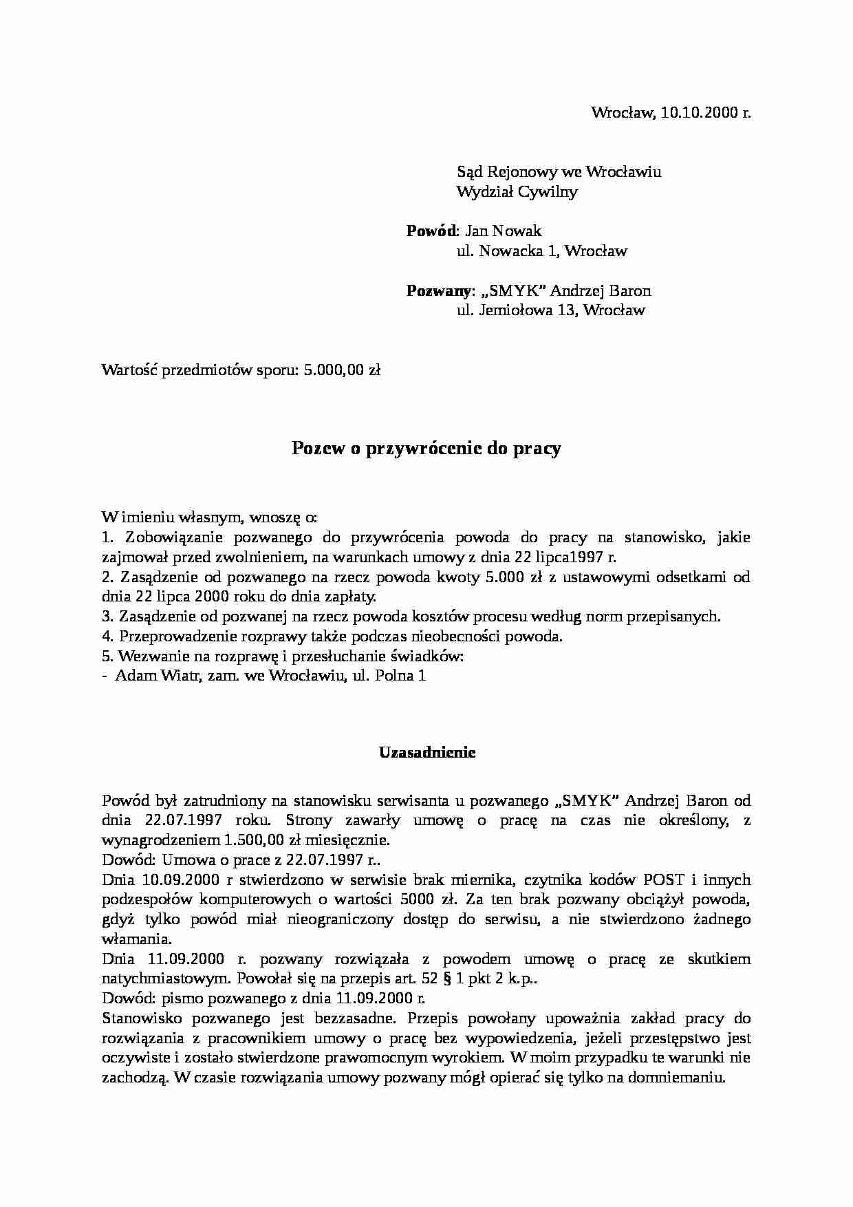 Wzór-Pozew o przywrócenie do pracy - strona 1