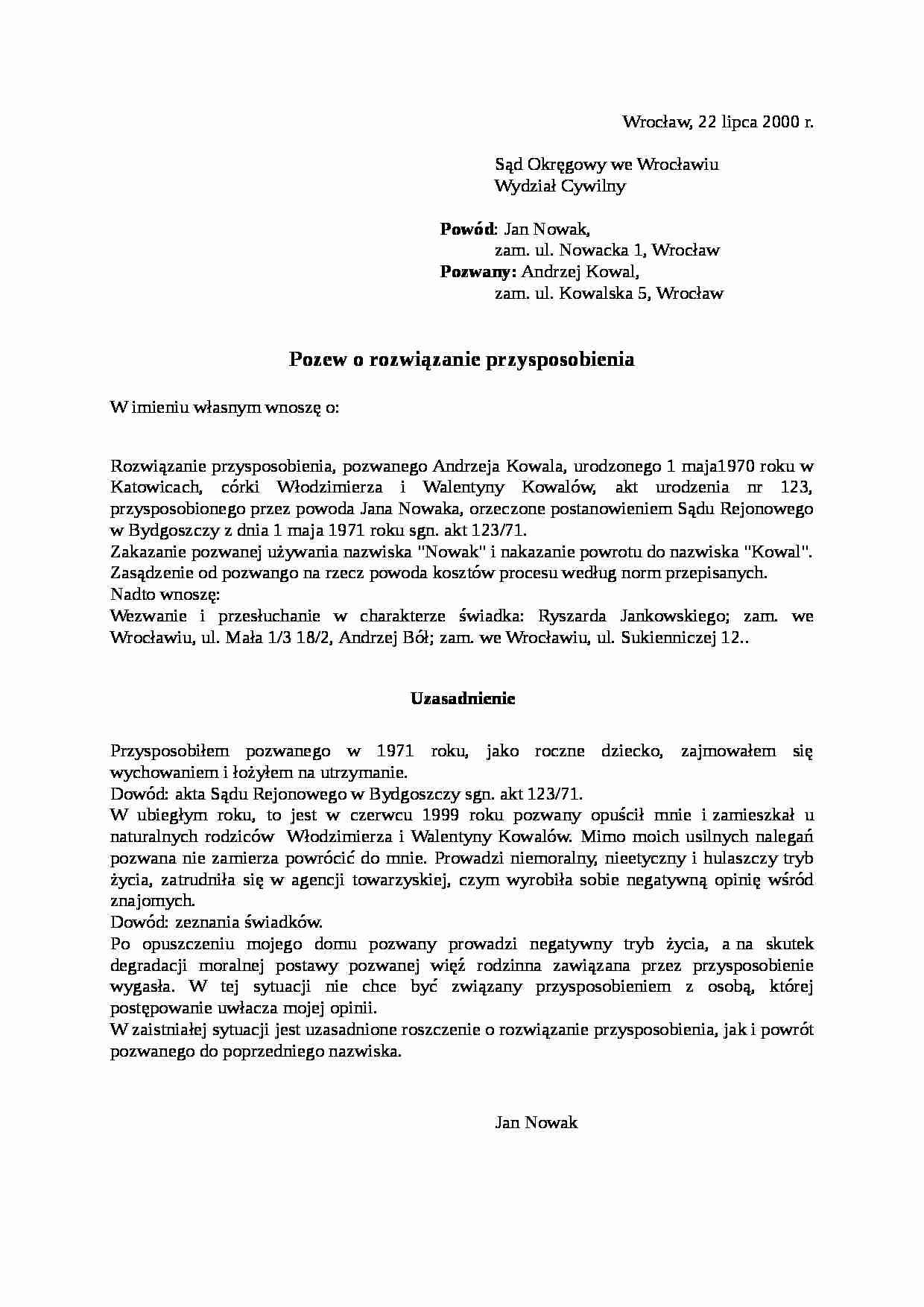 Wzór-Pozew o rozwiązanie przysposobienia - strona 1