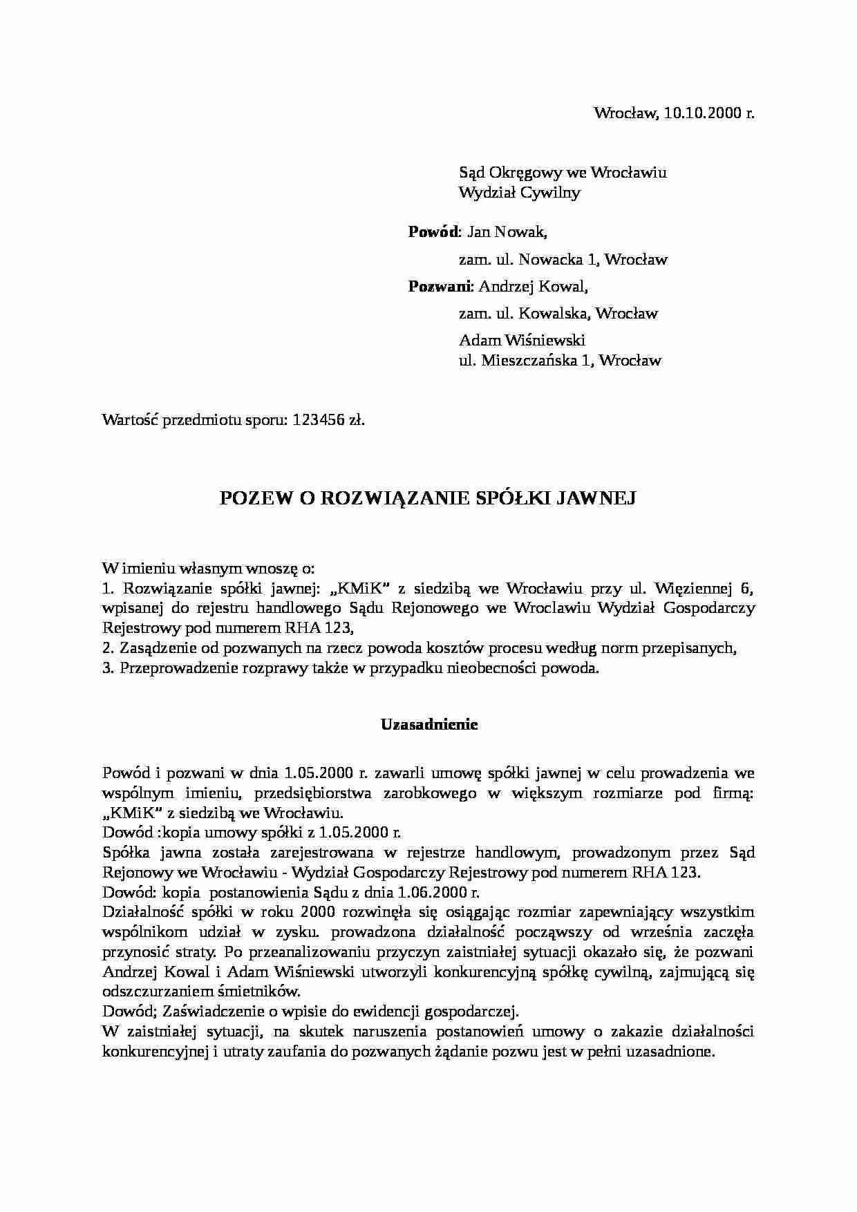 Wzór-Pozew o rozwiązanie spółki jawnej - strona 1