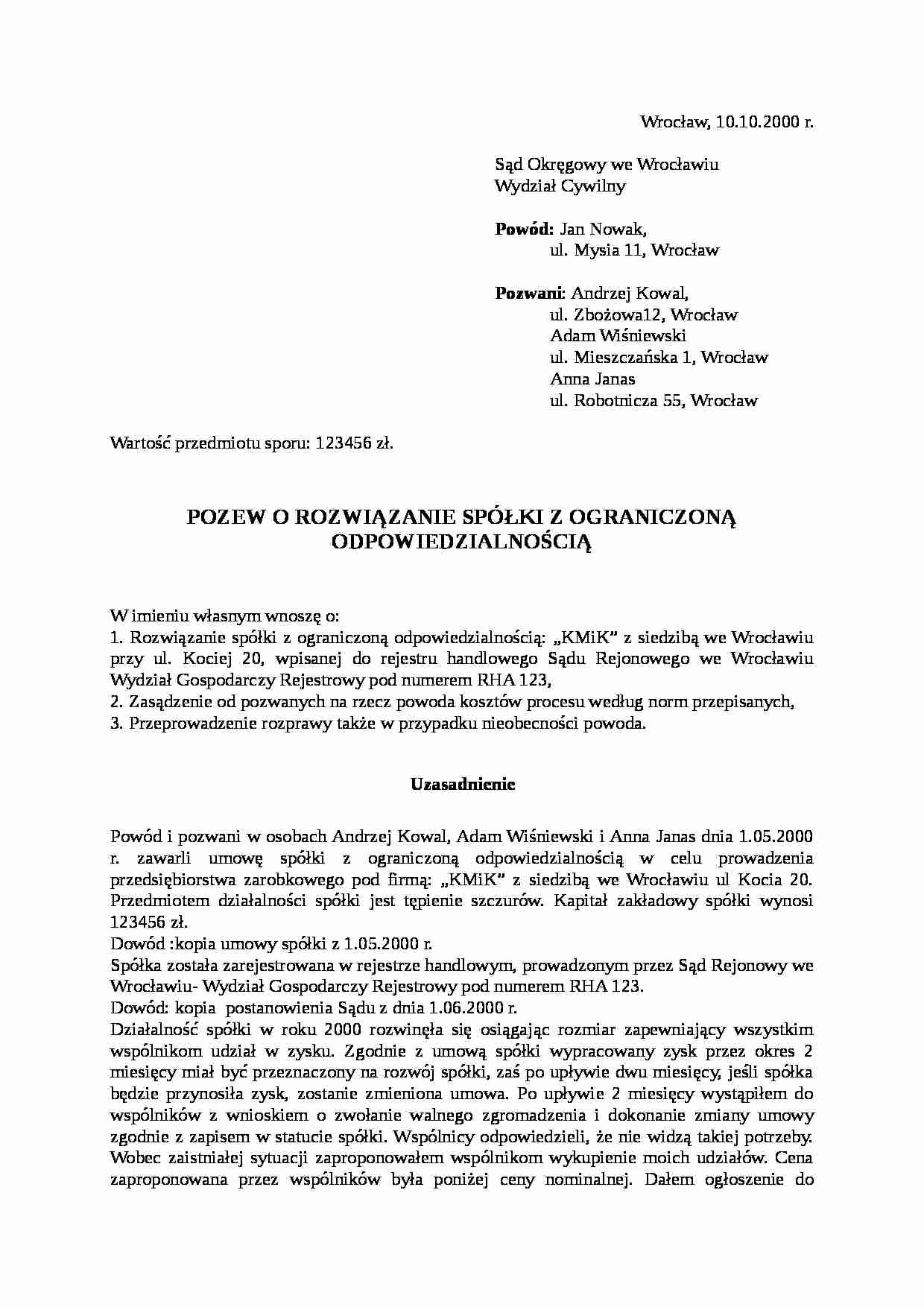 Wzór-Pozew o rozwiązanie spółki z ograniczoną odpowiedzialnością - strona 1