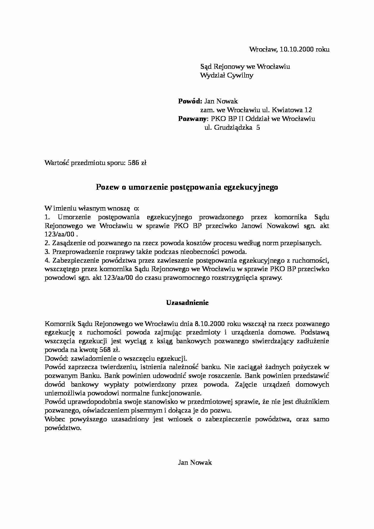 Wzór-Pozew o umorzenie postępowania egzekucyjnego - strona 1