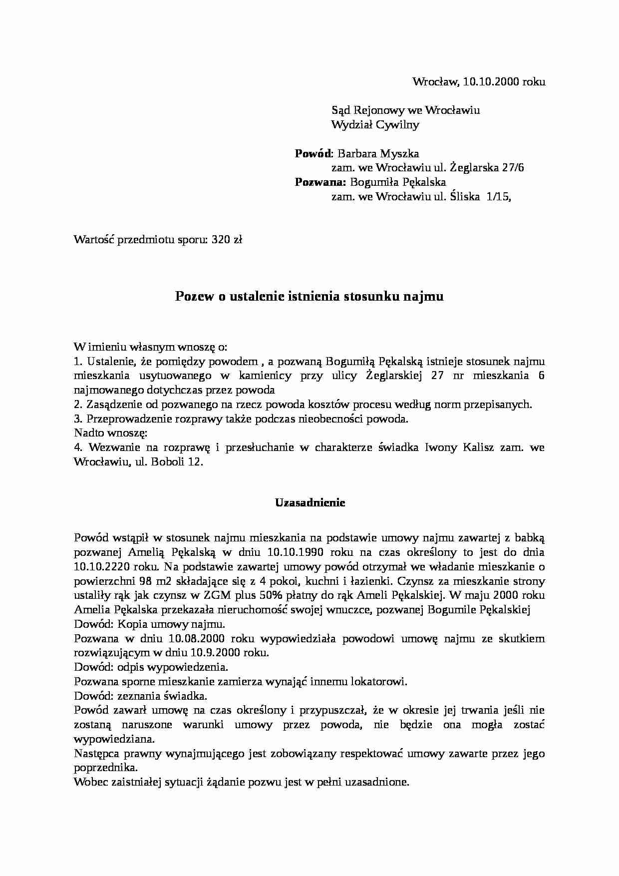 Wzór-Pozew o ustalenie istnienia stosunku najmu - strona 1