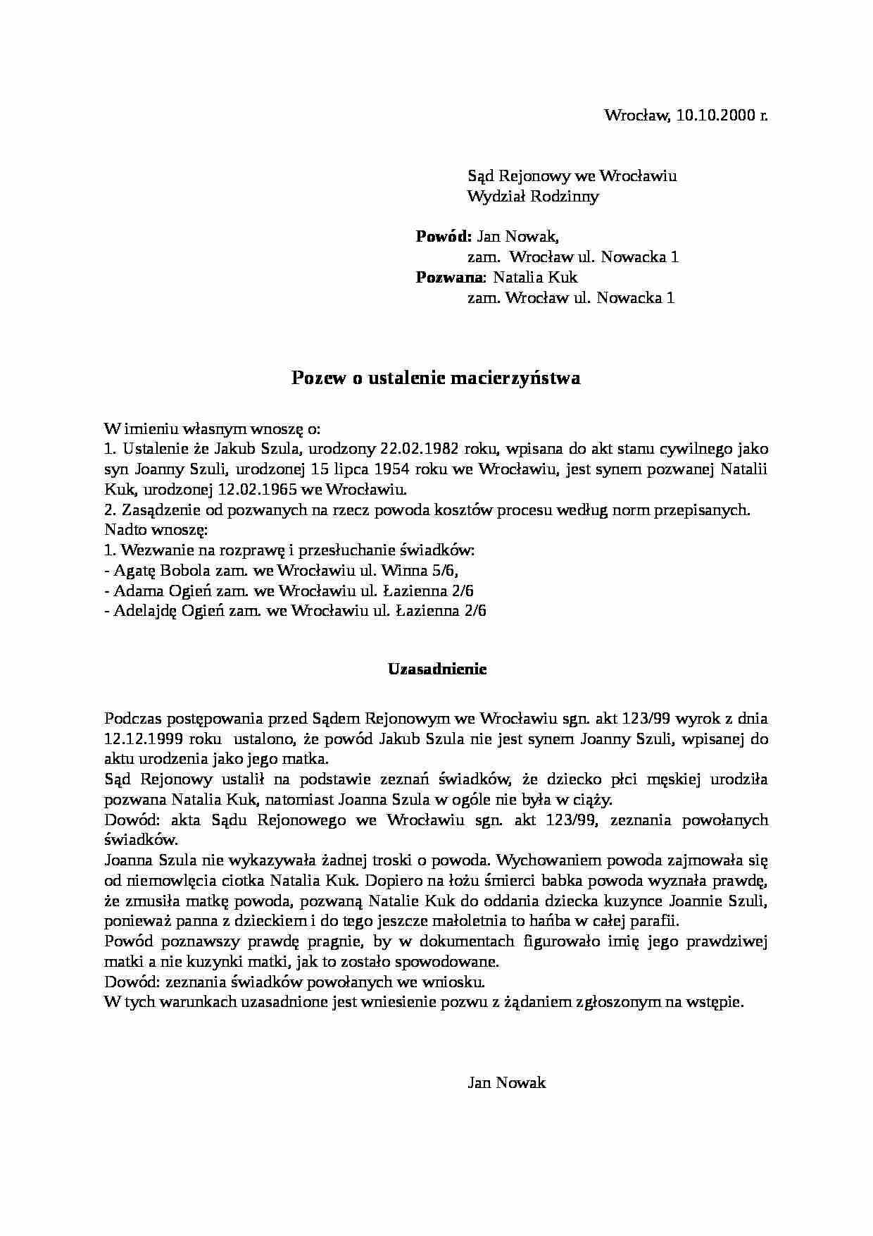 Wzór-Pozew o ustalenie macierzyństwa - strona 1