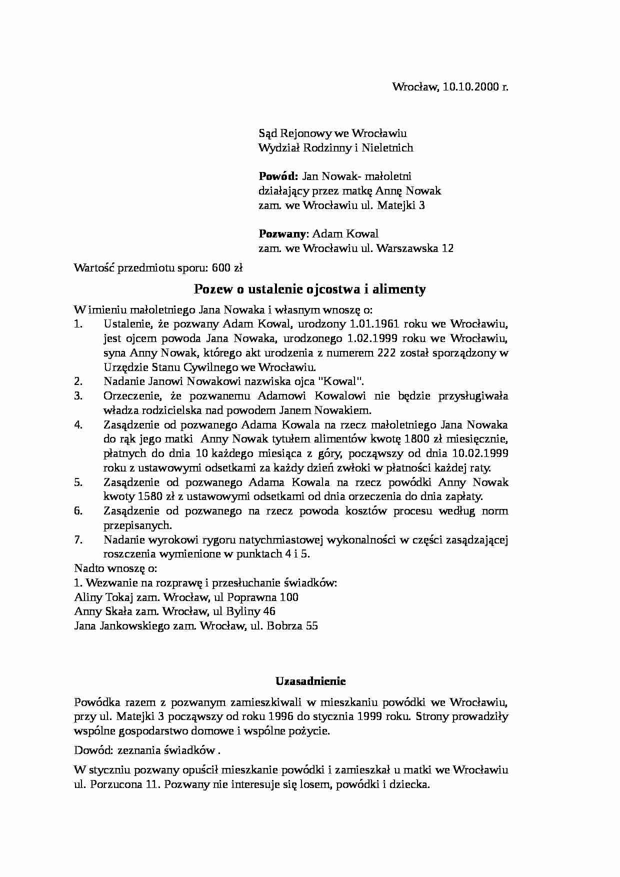 Wzór-Pozew o ustalenie ojcostwa i alimenty - strona 1