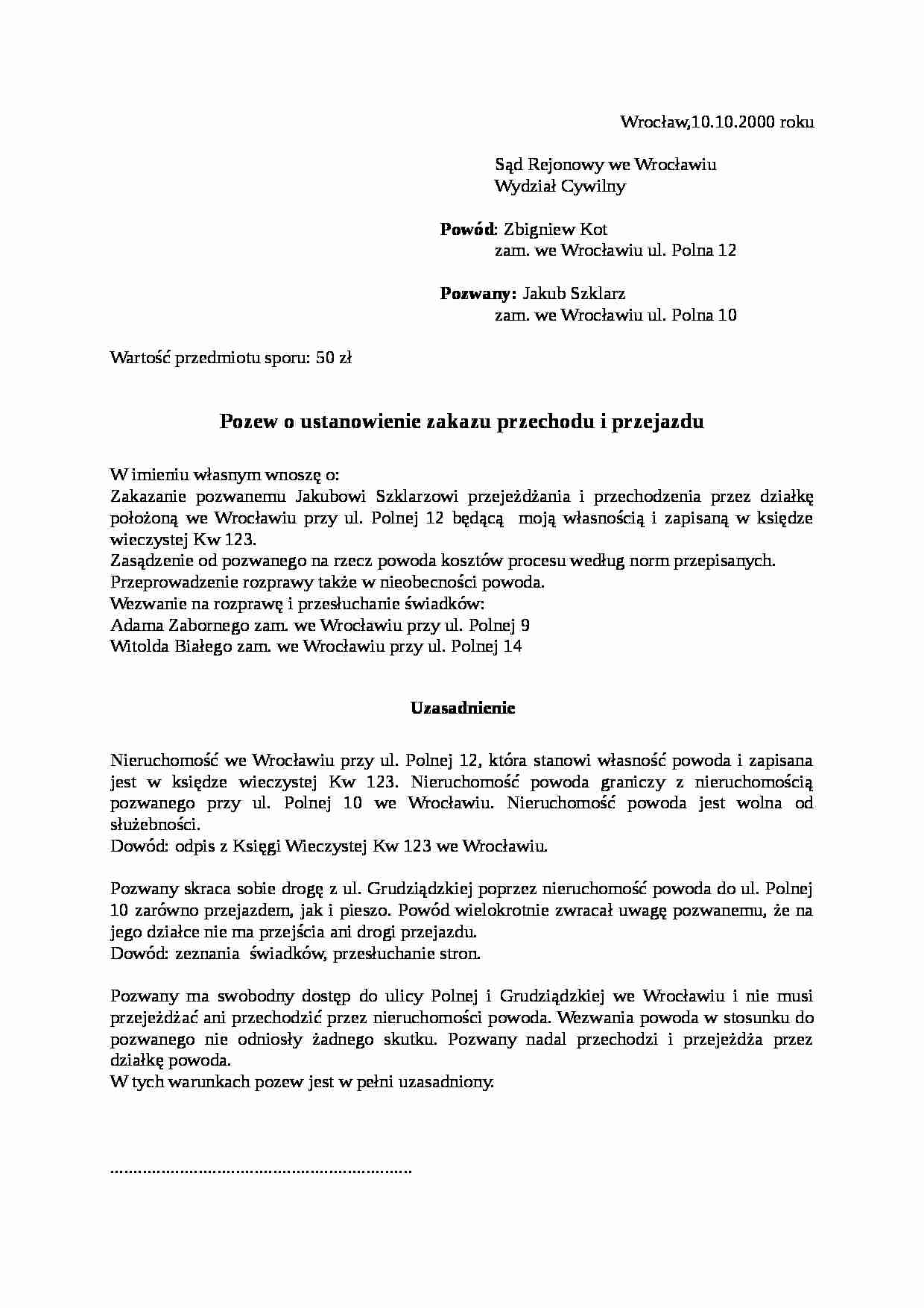 Wzór-Pozew o ustanowienie zakazu przechodu i przejazdu - strona 1