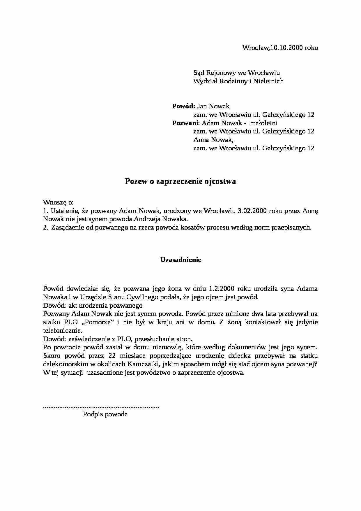 Wzór-Pozew o zaprzeczenie ojcostwa - strona 1