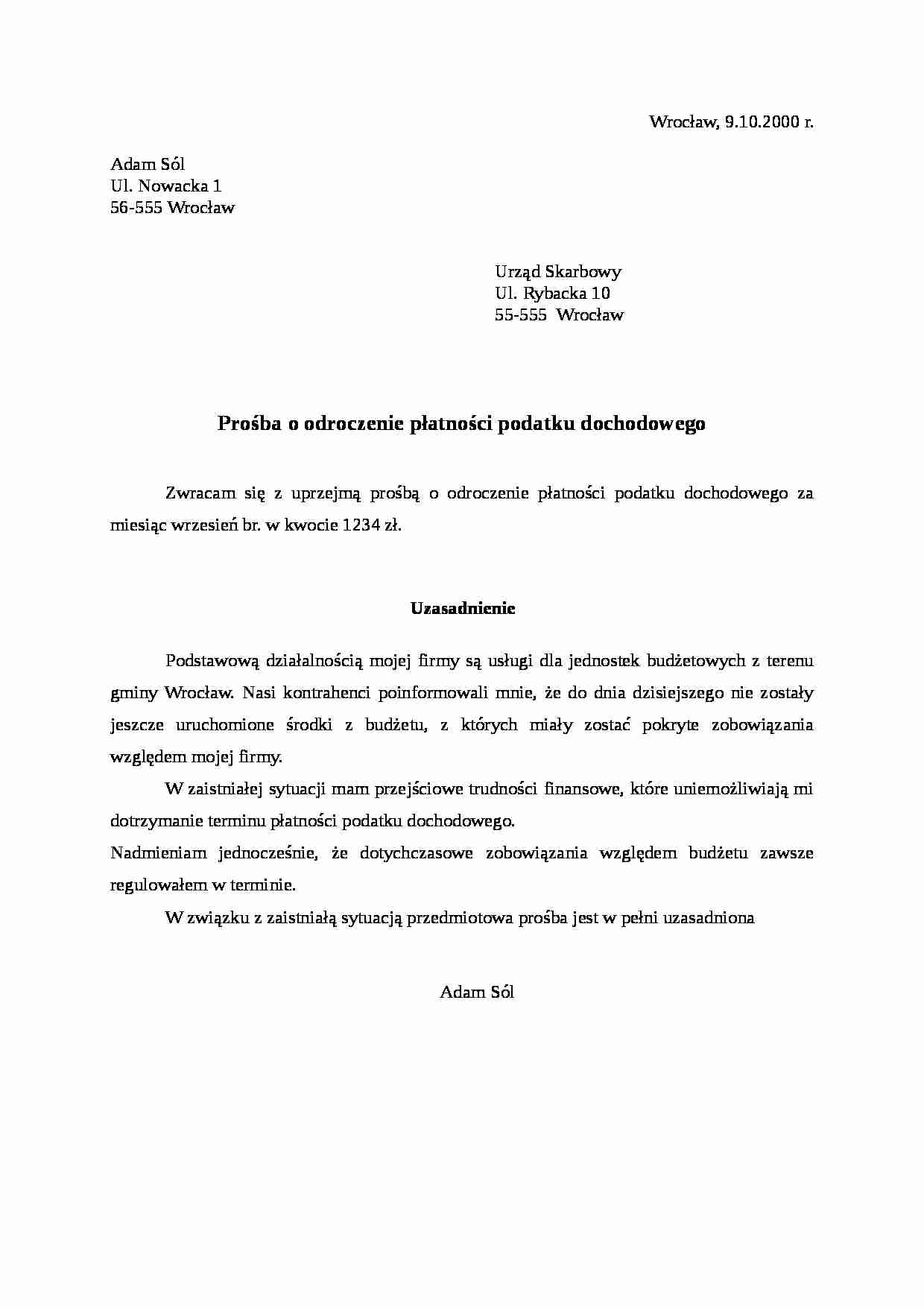 Wzór-Prośba o odroczenie płatności podatku dochodowego - strona 1