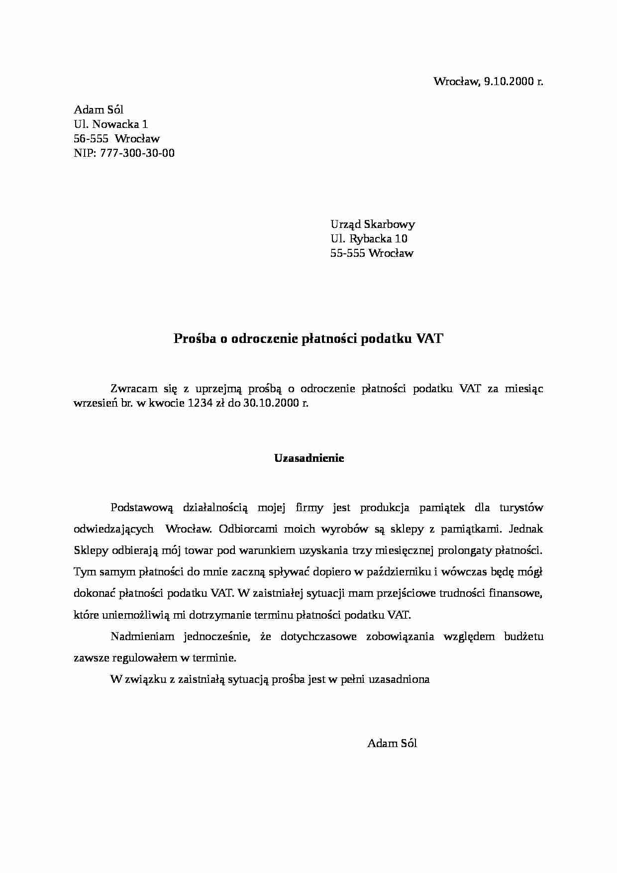 Wzór-Prośba o odroczenie płatności podatku VAT - strona 1