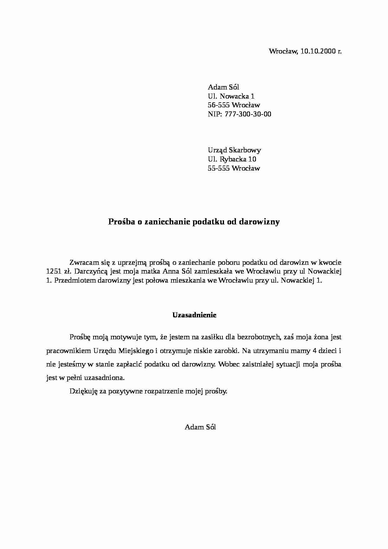 Wzór-Prośba o zaniechanie podatku od darowizny - strona 1