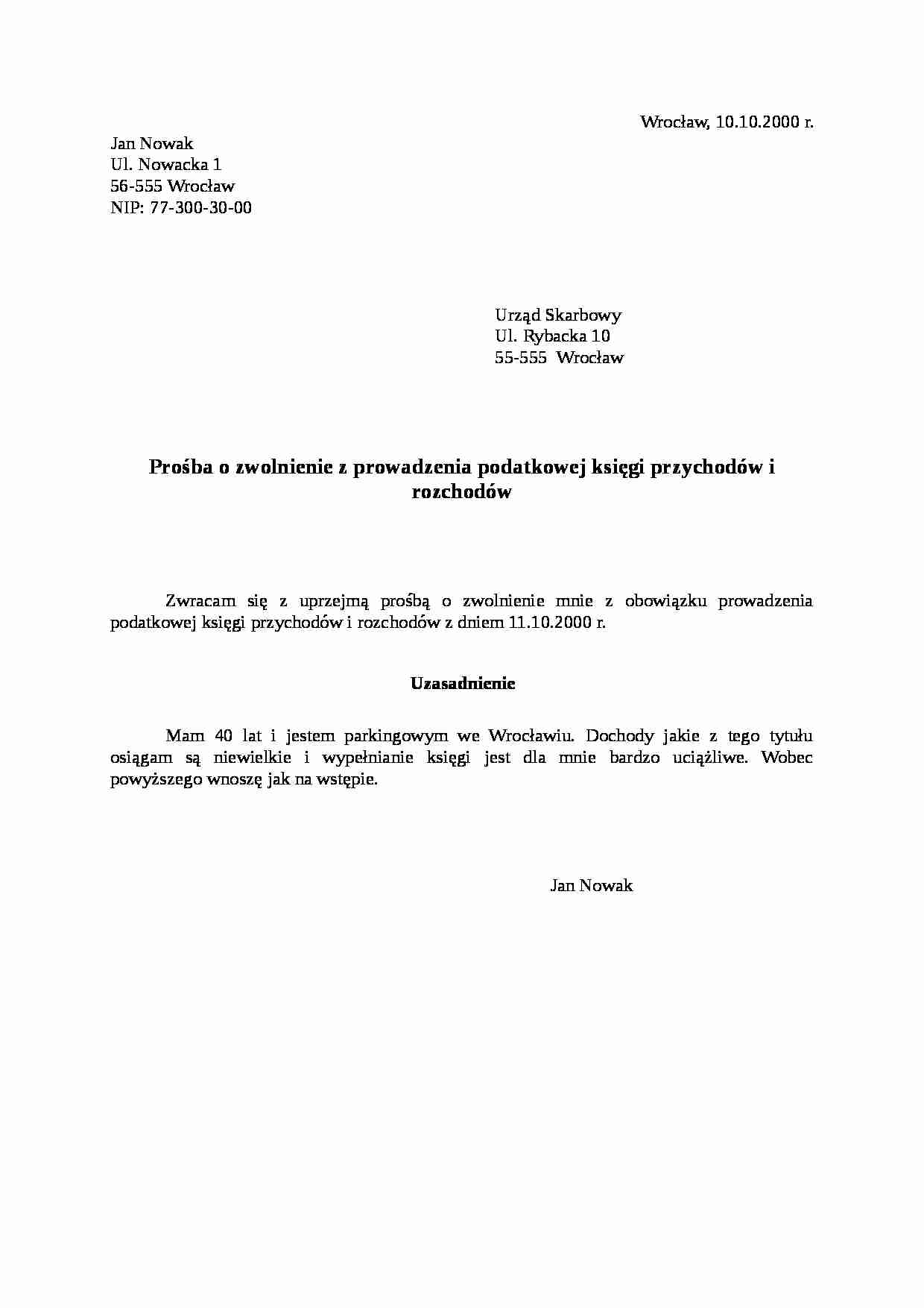 Wzór-Prośba o zwolnienie z prowadzenia Podatkowej Księgi - strona 1