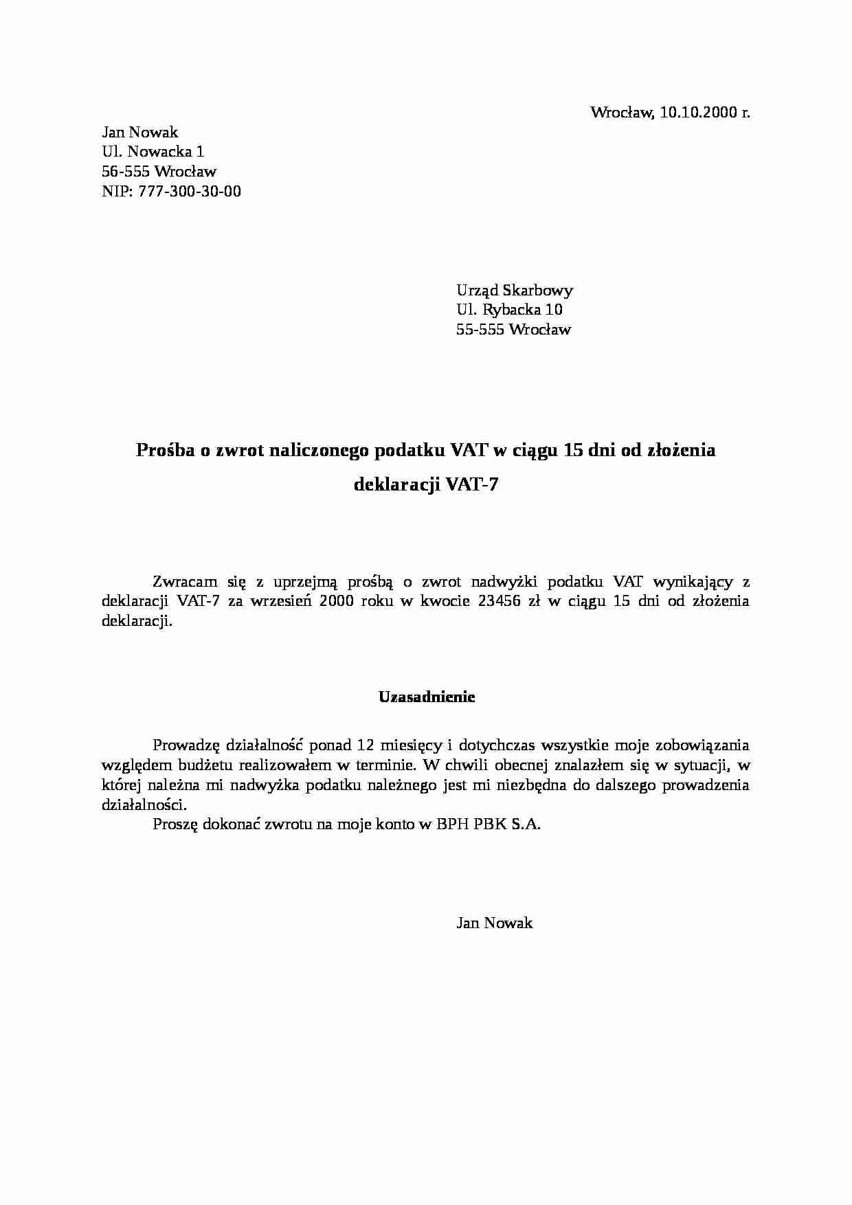 Wzór-Prośba o zwrot należnego podatku vat  - strona 1
