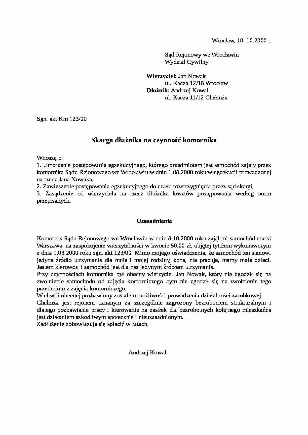 Wzór-Skarga dłużnika na czynność komornika - strona 1