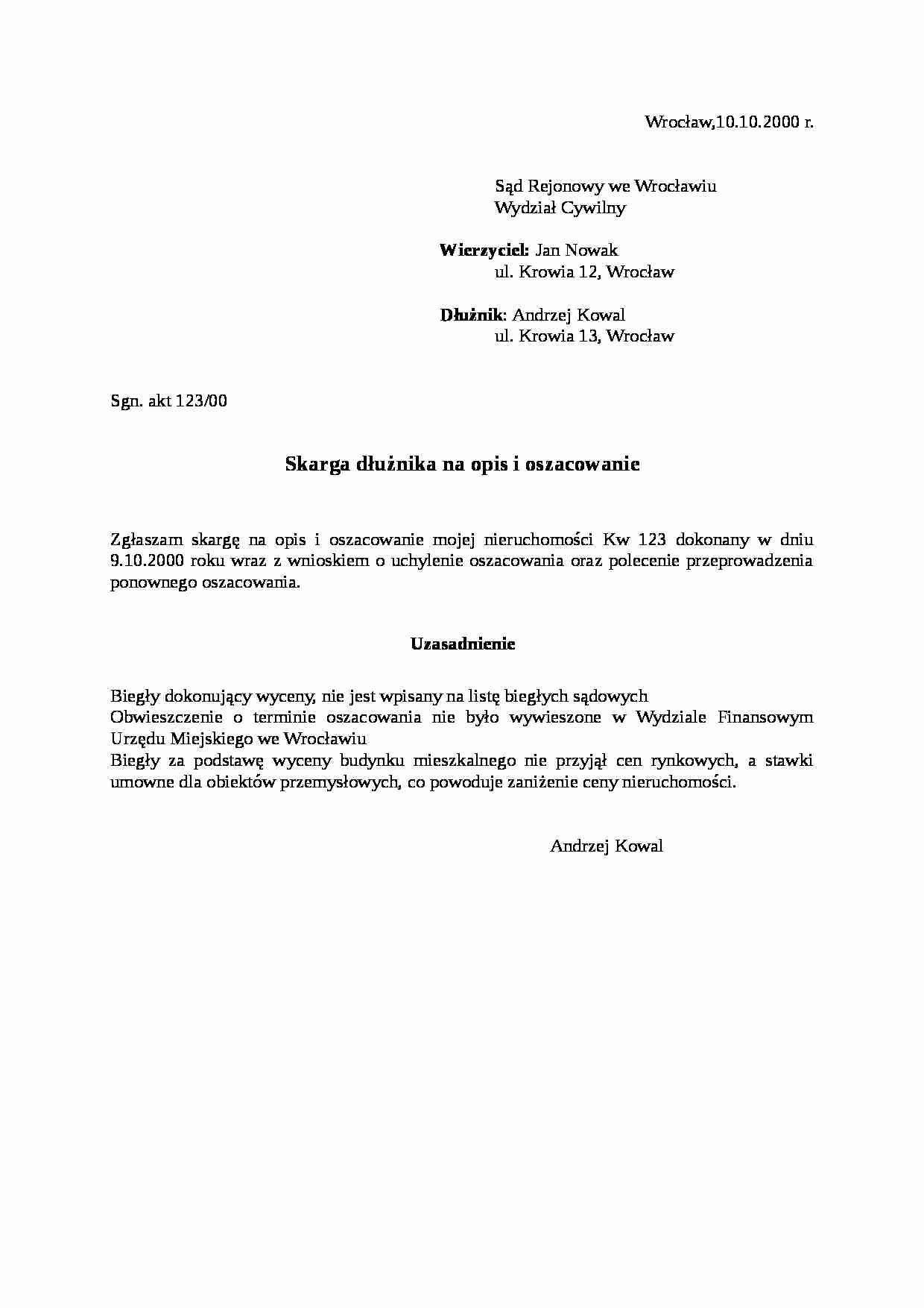 Wzór-Skarga dłużnika na opis i oszacowanie - strona 1
