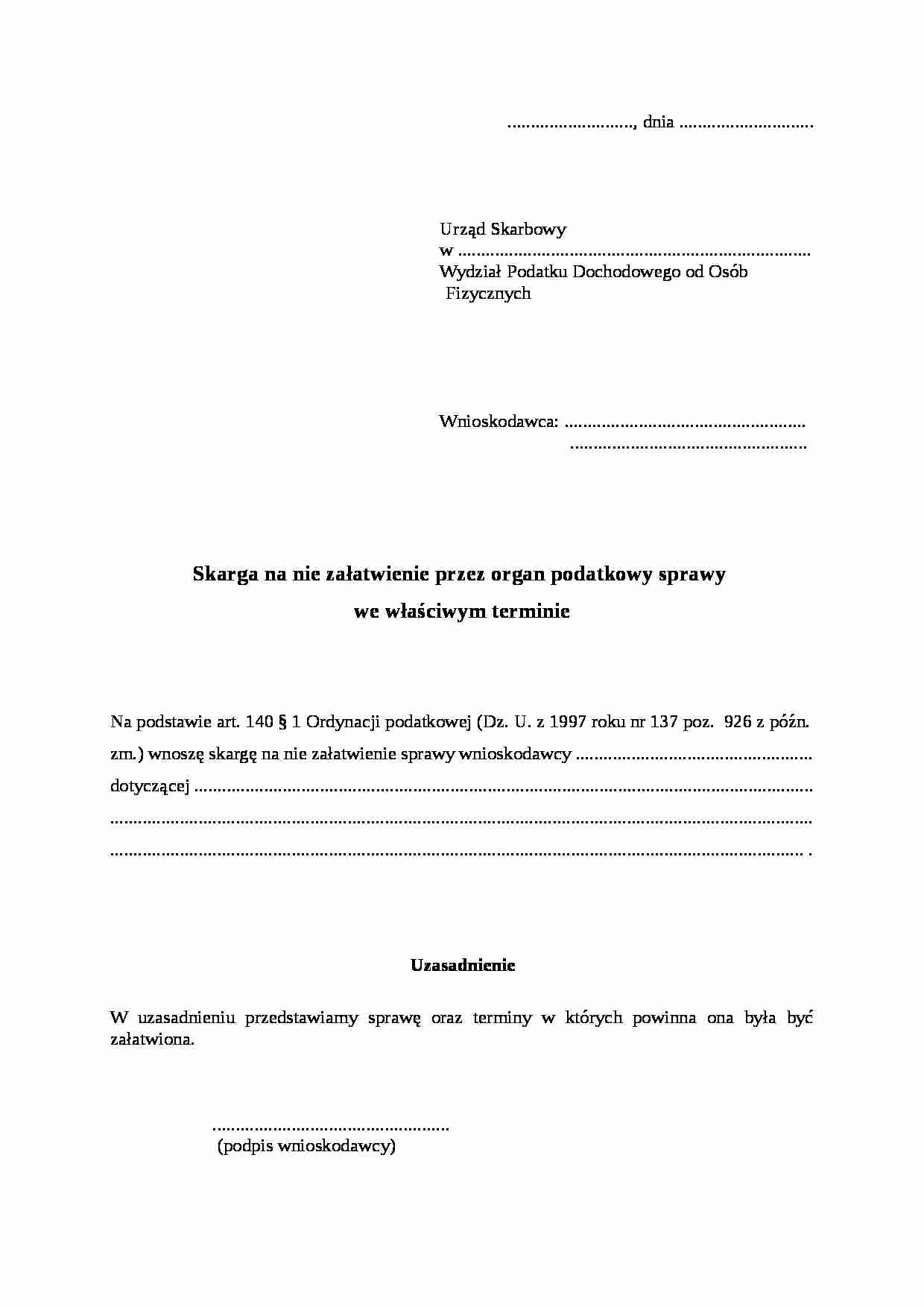 Wzór-Skarga na nie załatwienie przez organ podatkowy  - strona 1