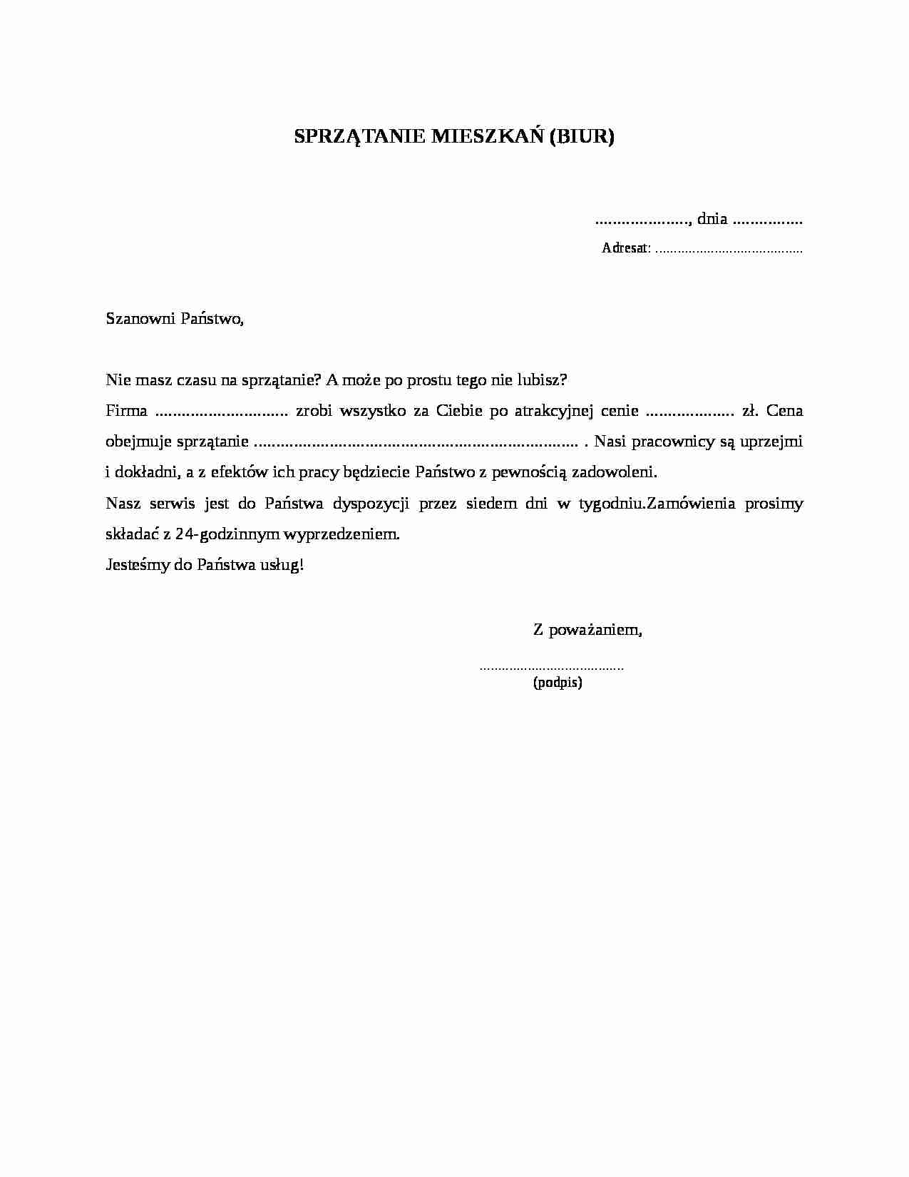 Wzór-Sprzątanie mieszkań (biur) - strona 1