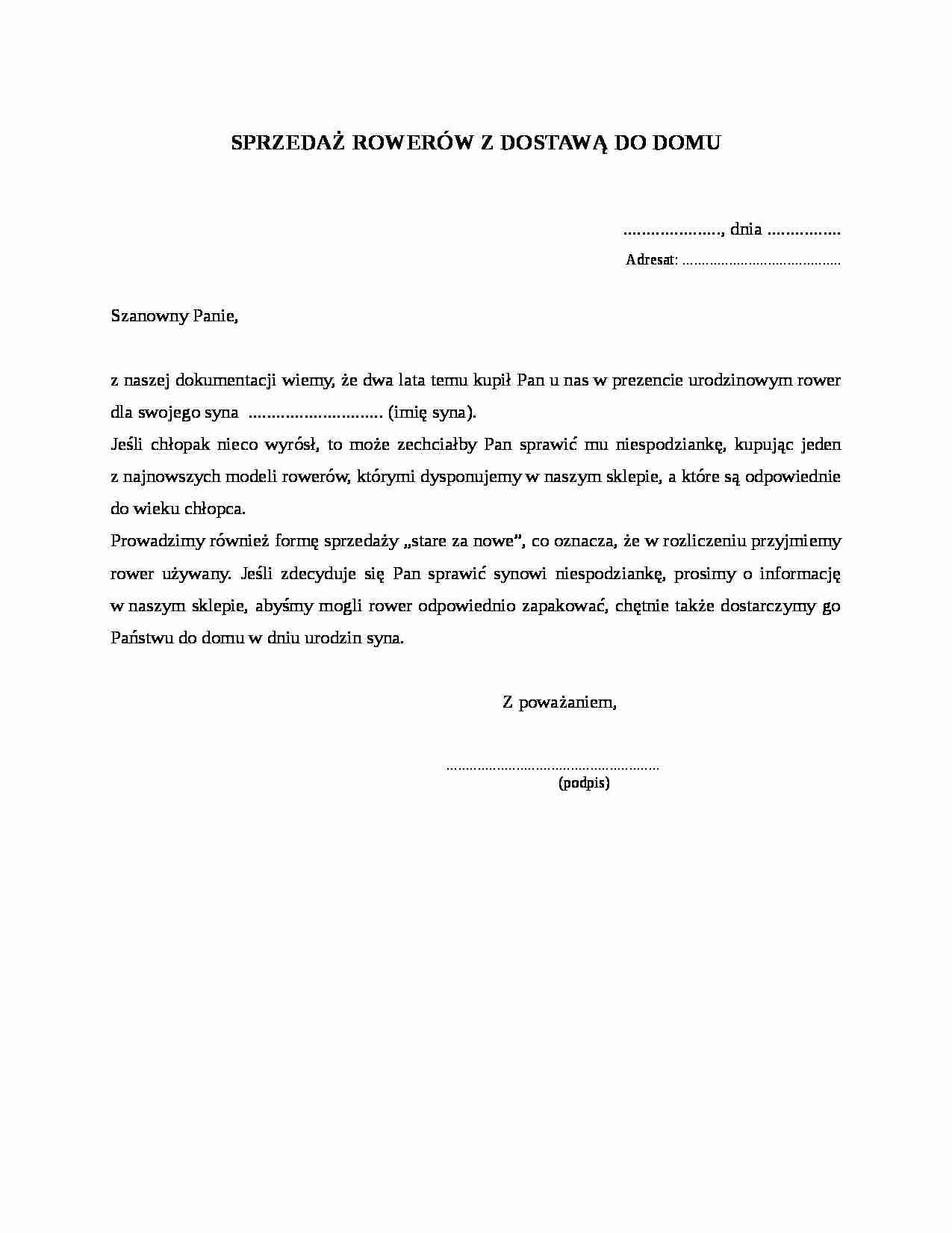 Wzór-Sprzedaż rowerów z dostawą do domu - strona 1