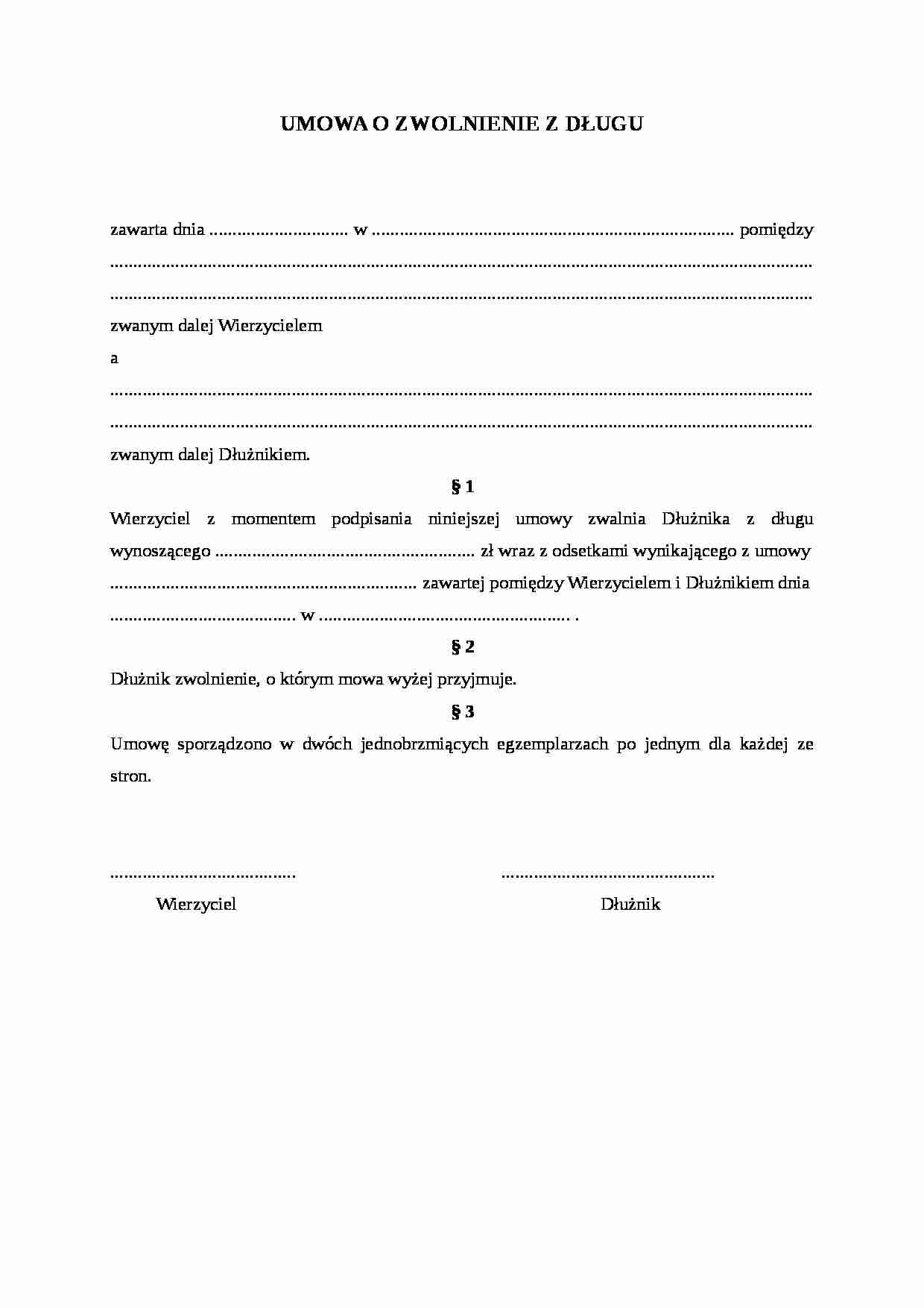 Wzór-Umowa o zwolnienie z długu - strona 1