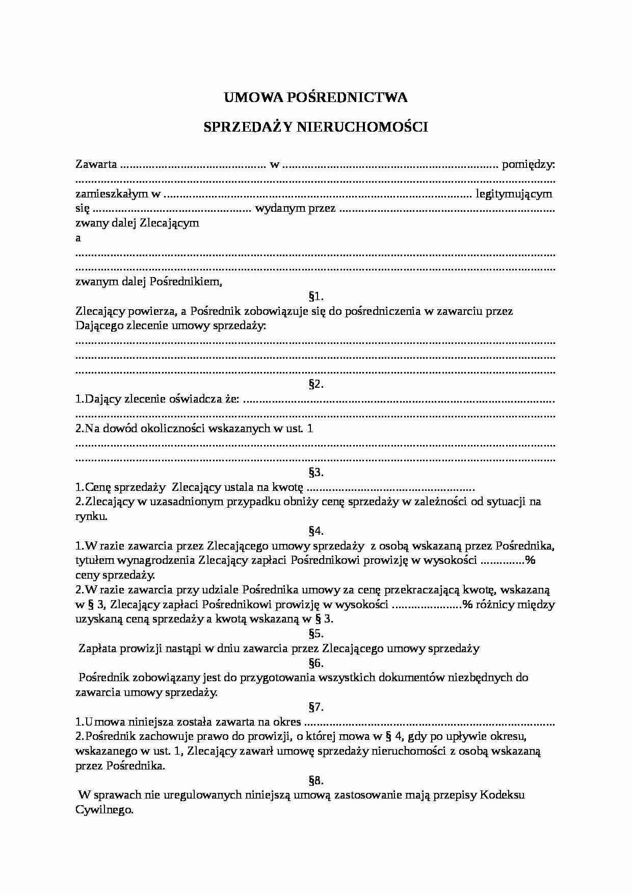 Wzór-Umowa pośrednictwa sprzedaży nieruchomości - strona 1