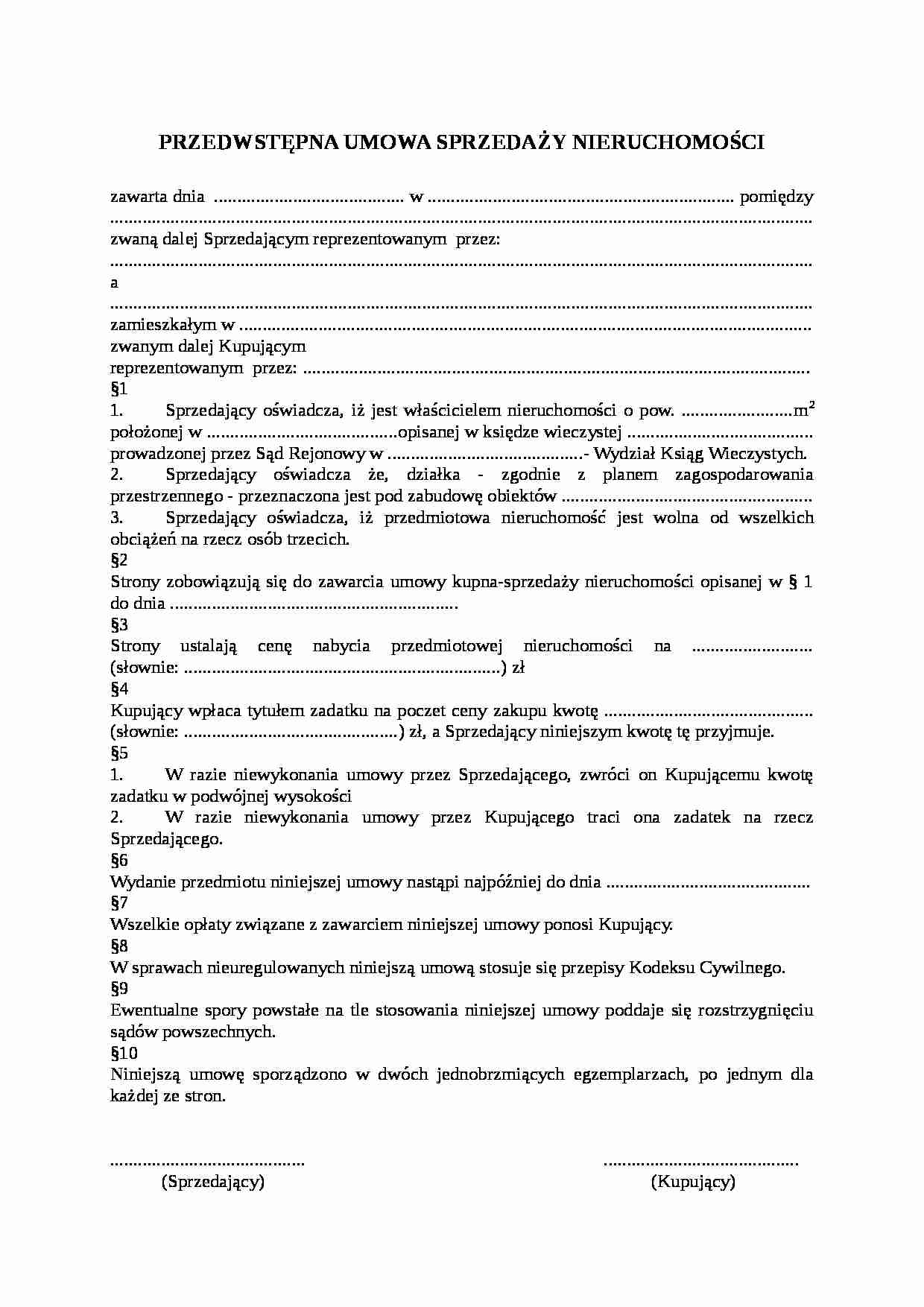 Wzór-Umowa przedwstępna sprzedaży nieruchomości - strona 1