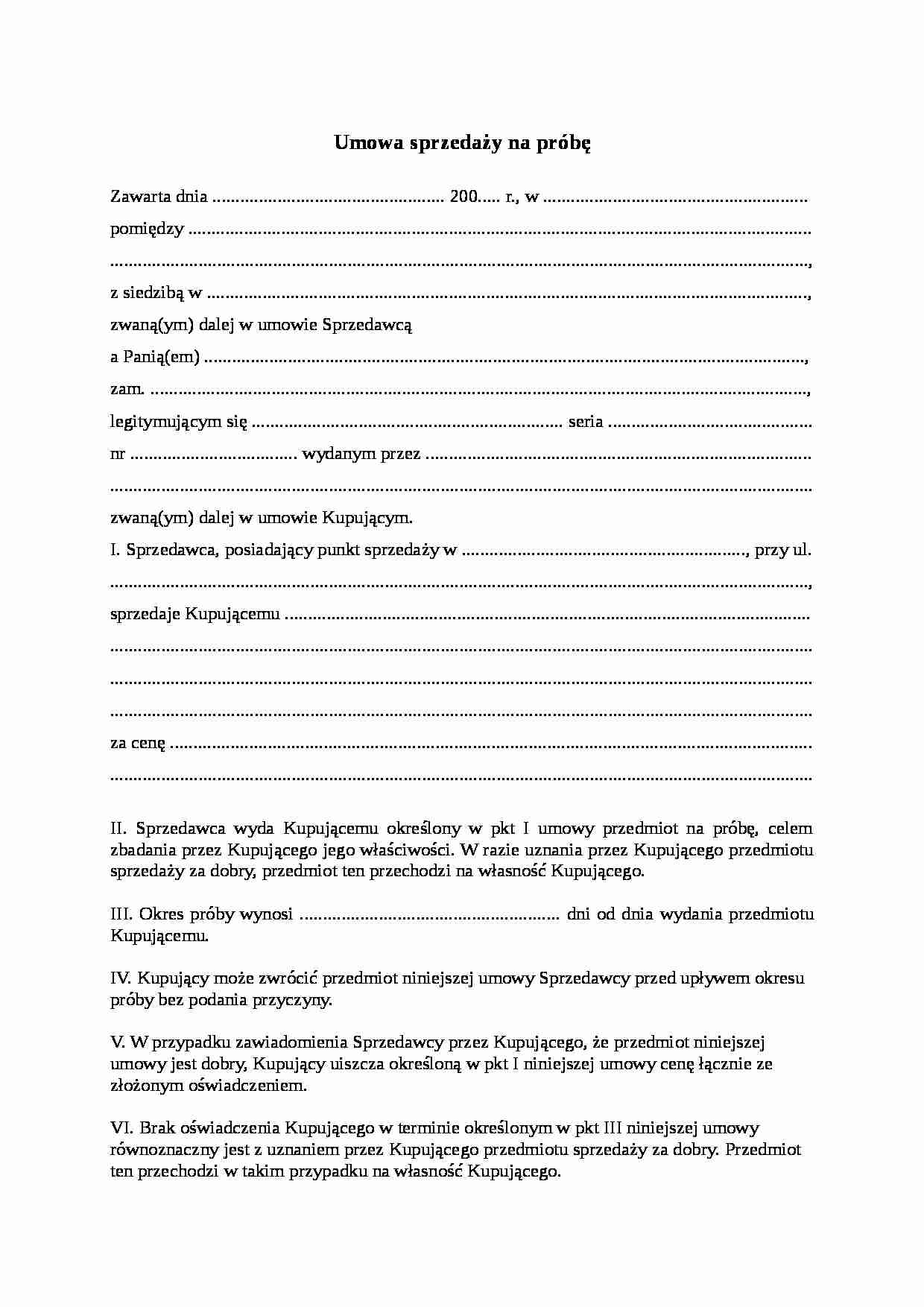 Wzór-Umowa sprzedaży na próbę - strona 1
