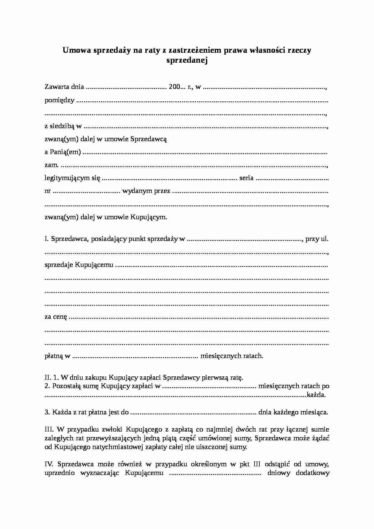 Wzór-Umowa sprzedaży na raty z zastrzeżeniem prawa własności - strona 1