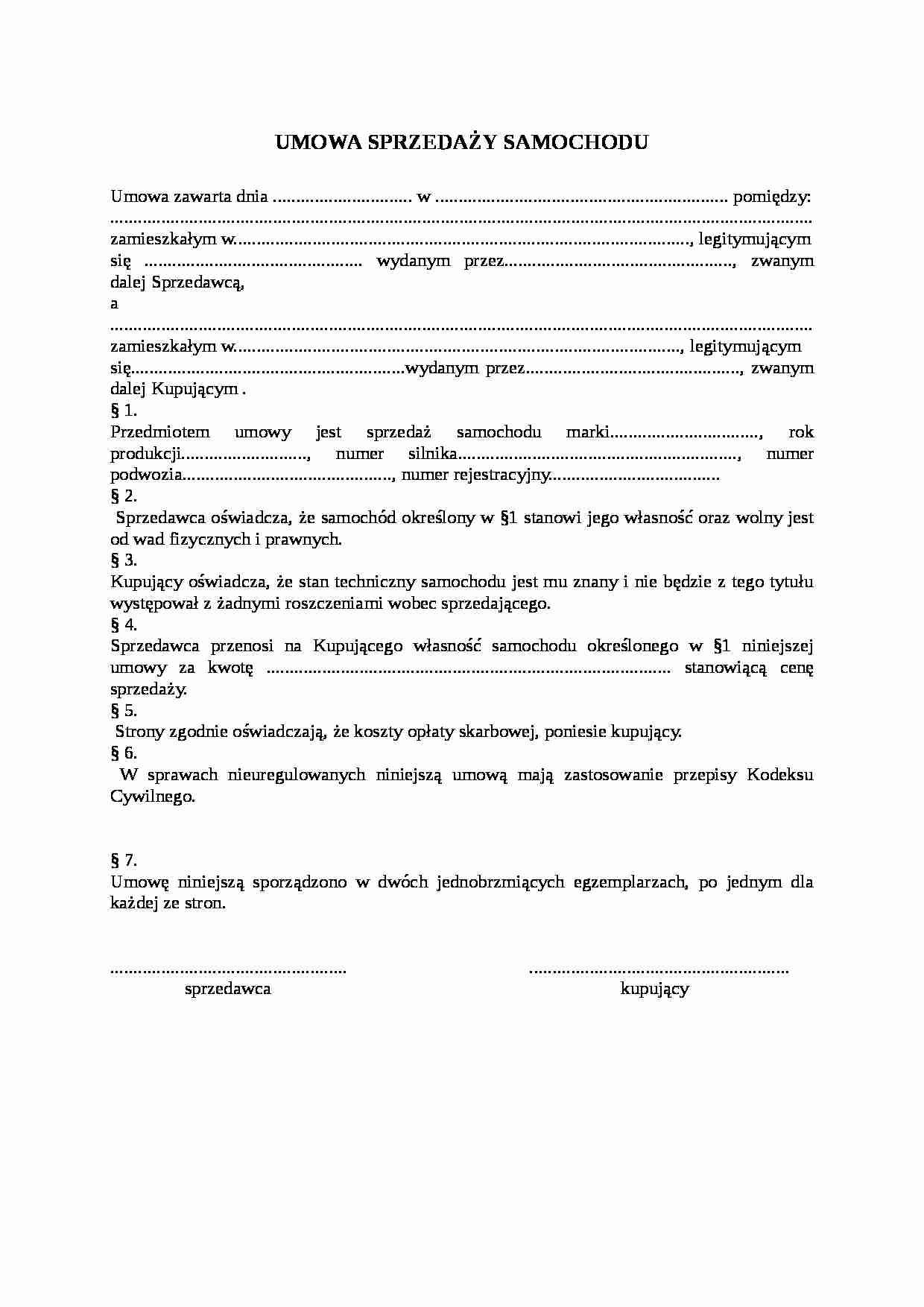 Wzór-Umowa sprzedaży samochodu - Umowa sprzedaży - strona 1
