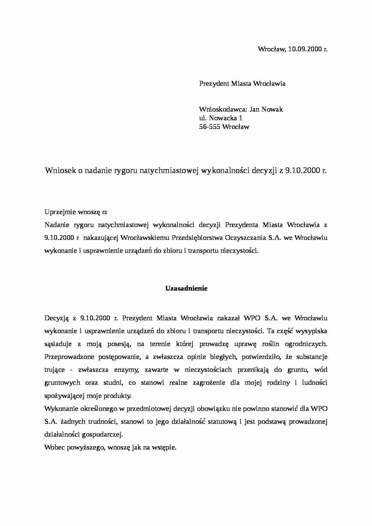 Wzór-Wniosek o nadanie rygoru natychmiastowej wykonalności - strona 1