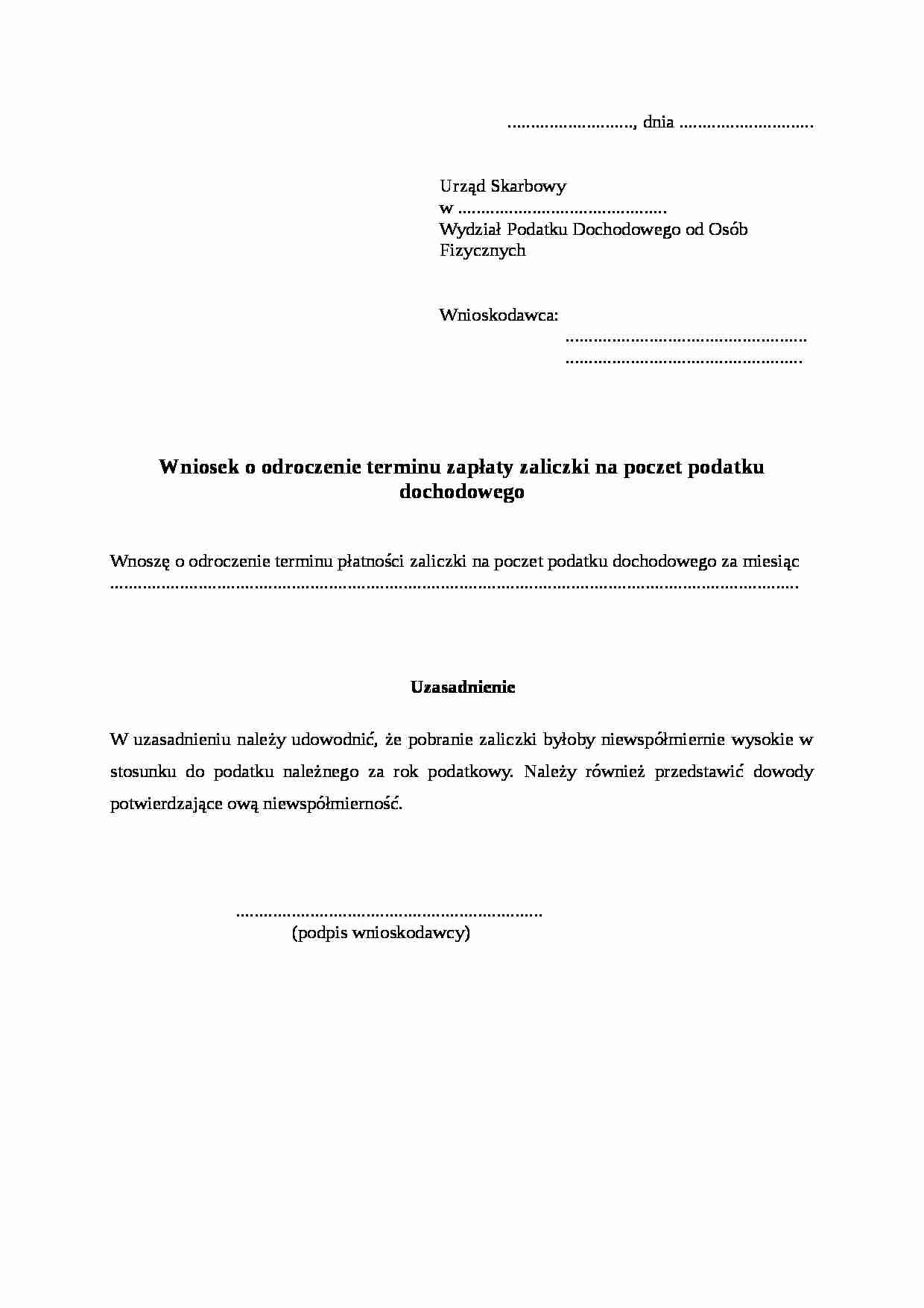 Wzór-Wniosek o odroczenie terminu zapłaty zaliczki - strona 1
