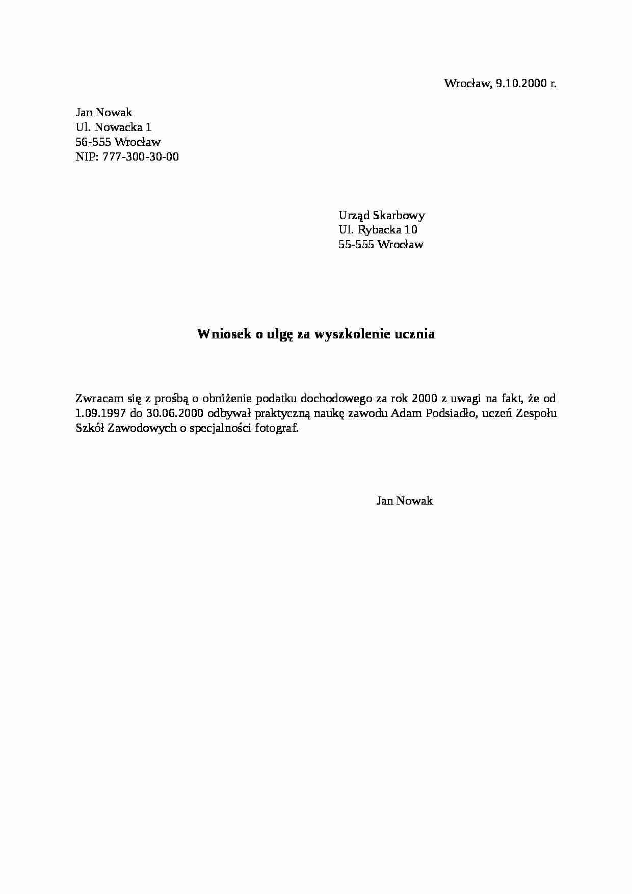 Wzór-Wniosek o ulgę za wyszkolenie ucznia - strona 1