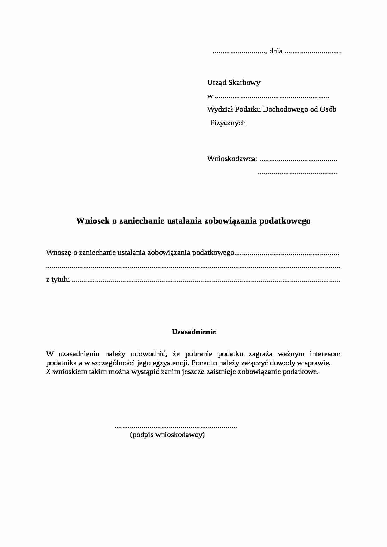 Wzór-Wniosek o zaniechanie ustalania zobowiązania podatkowego - strona 1