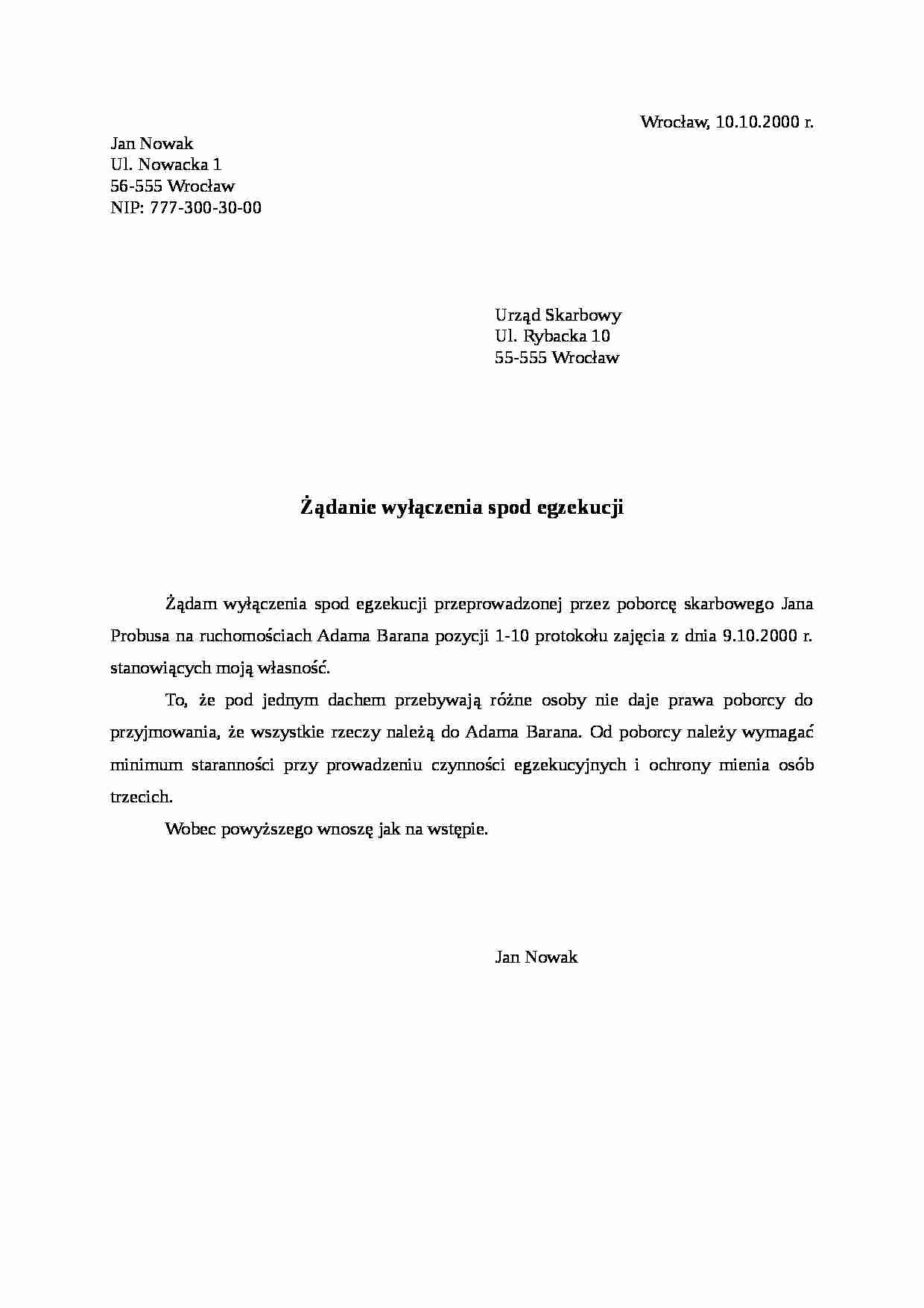 Wzór-Żądanie wyłączenia spod egzekucji - strona 1