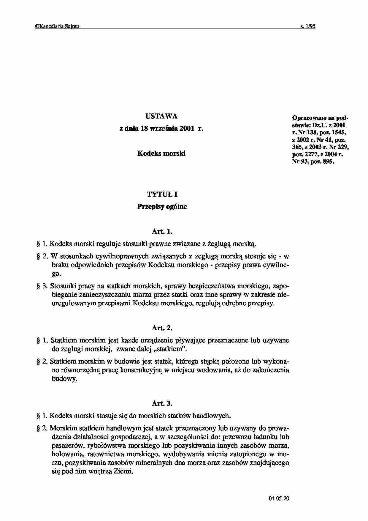 Prawoznastwo - Kodeks morski - strona 1