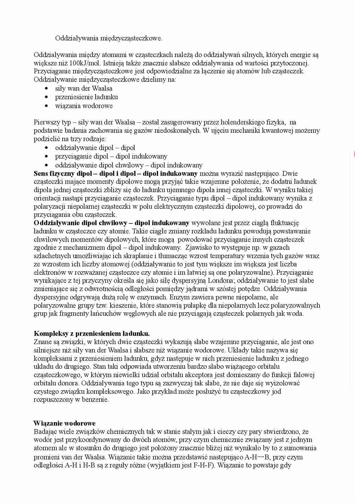 Oddziaływania międzycząsteczkowe - opracowanie - strona 1