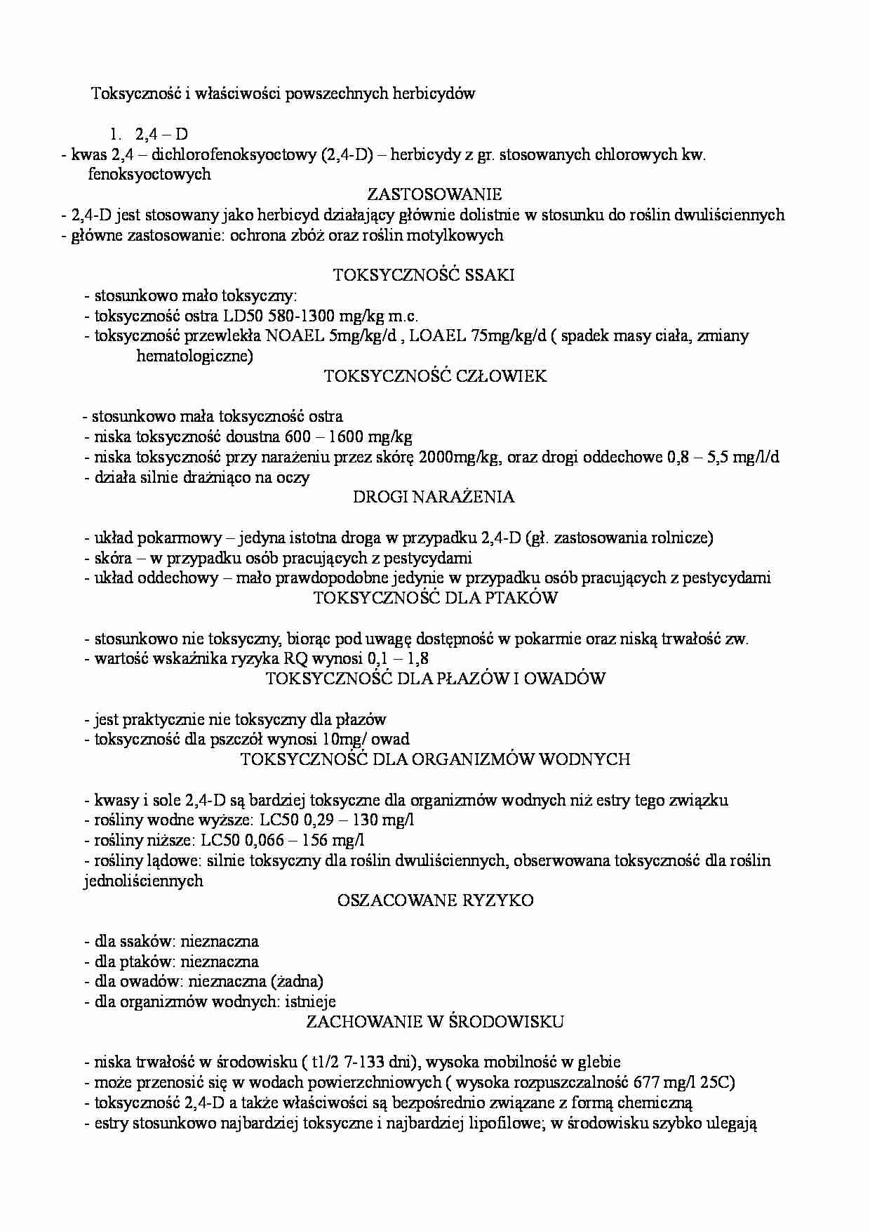 Toksyczność i właściwości powszechnych herbicydów - strona 1