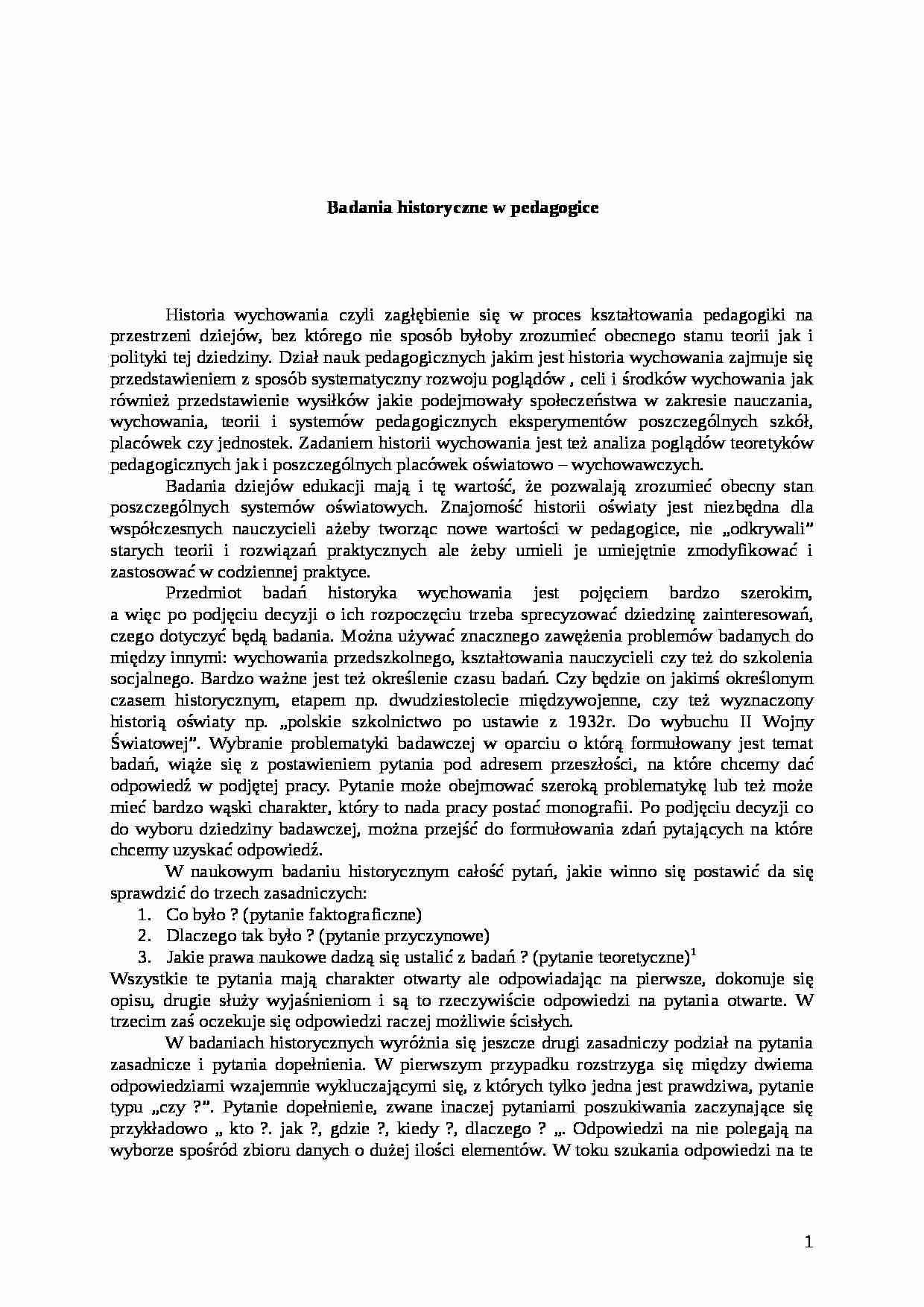 Badania historyczne w pedagogice- pedagogika - strona 1