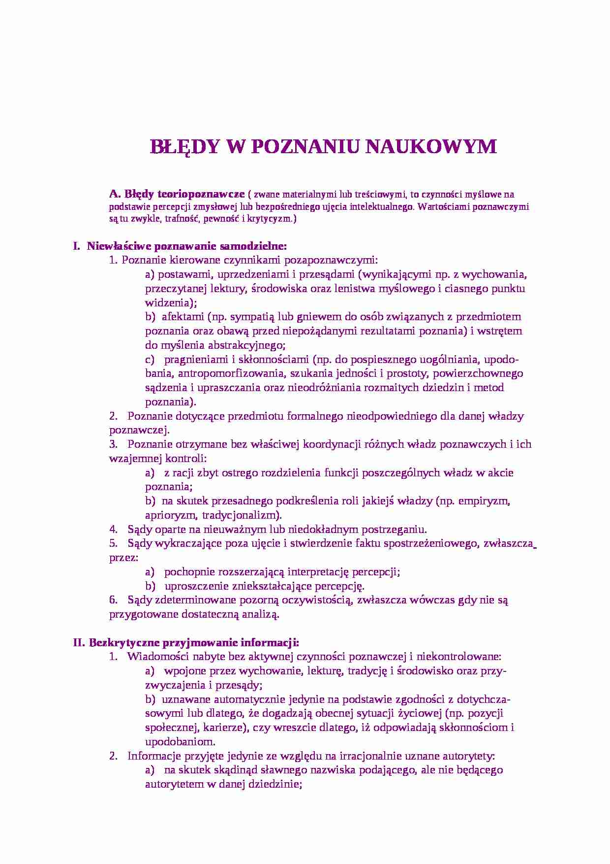 BŁĘDY W POZNANIU NAUKOWYM- pedagogika - strona 1