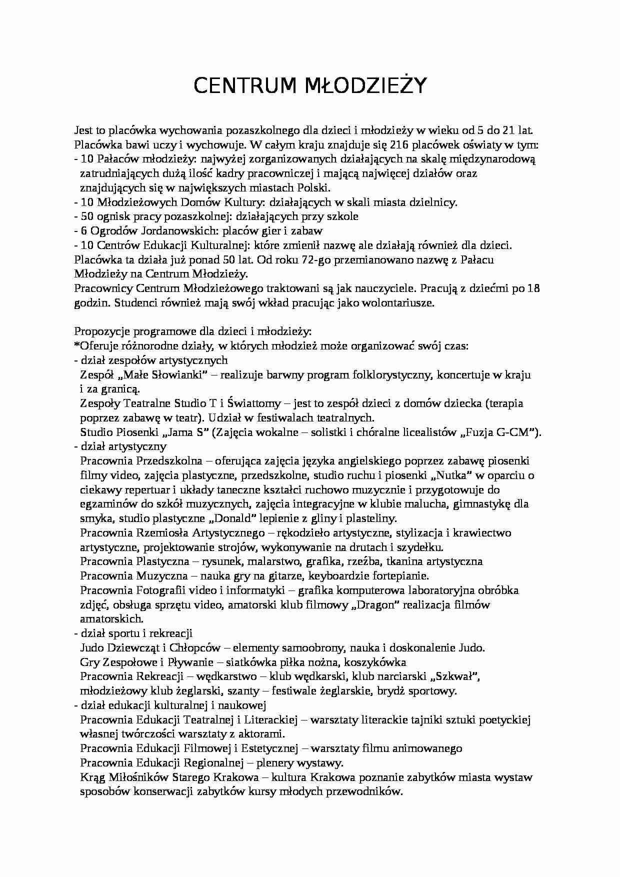 CENTRUM MŁODZIEŻY- pedagogika - strona 1