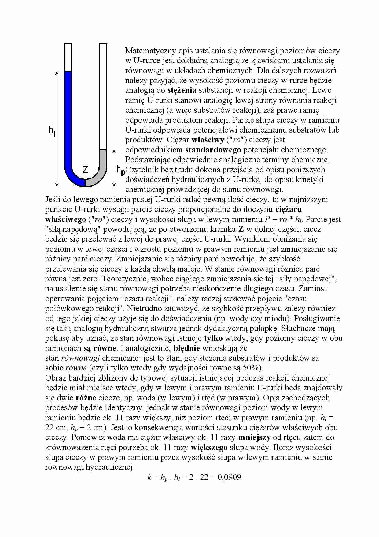Matematyczny opis ustalania się równowagi poziomów cieczy - stężenia - strona 1