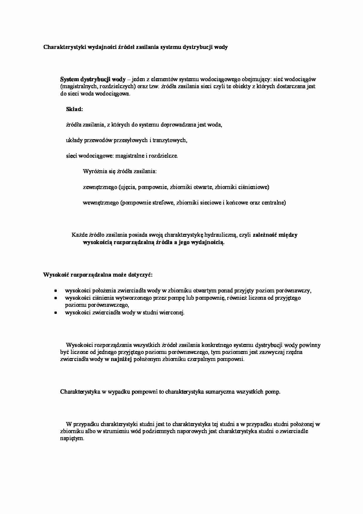 Charakterystyki wydajności źródeł zasilania systemu dystrybucji wody - strona 1