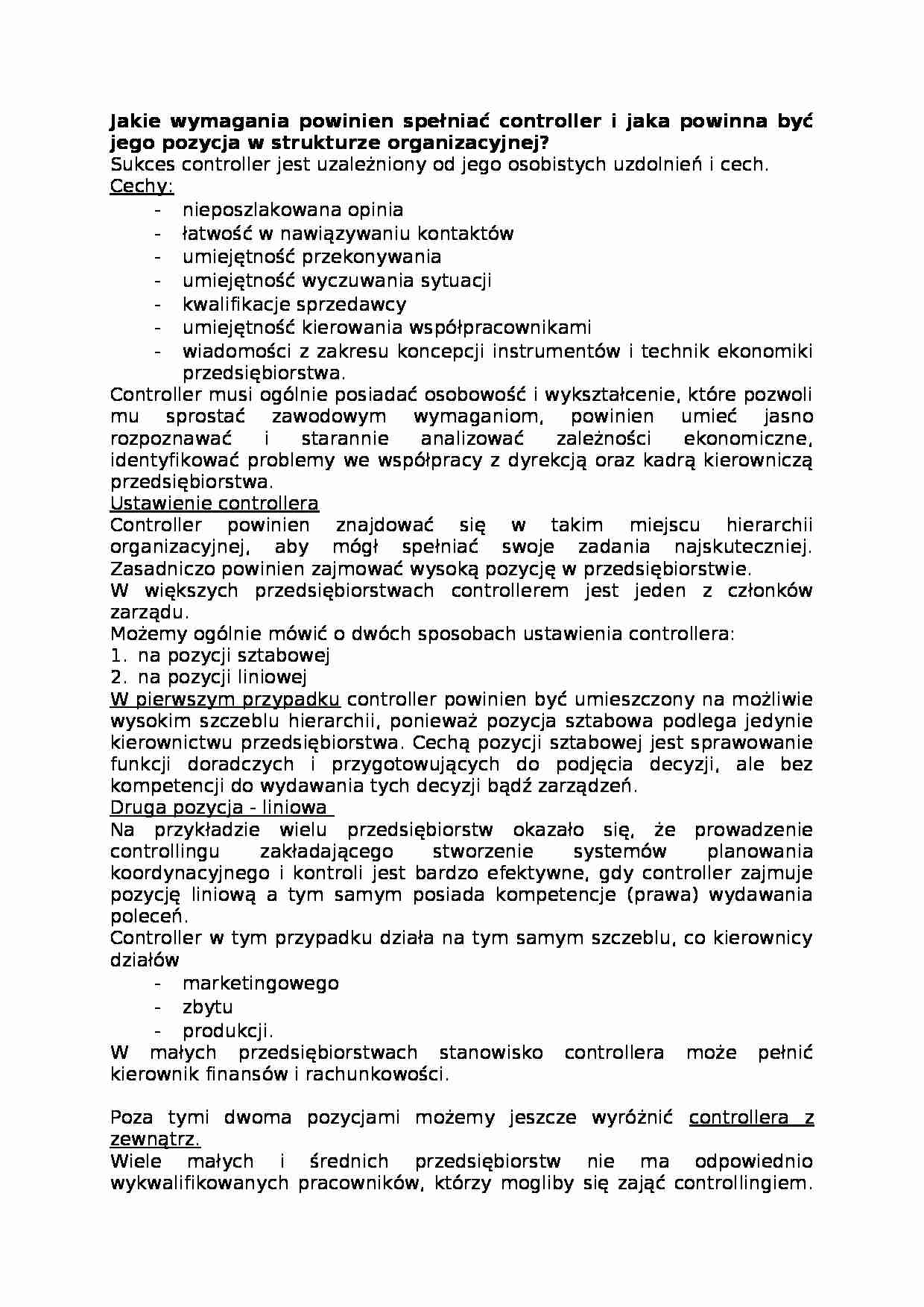 Controller-jakie wymagania powinien spełniać, jego pozycja w strukturze organizacyjnej - strona 1