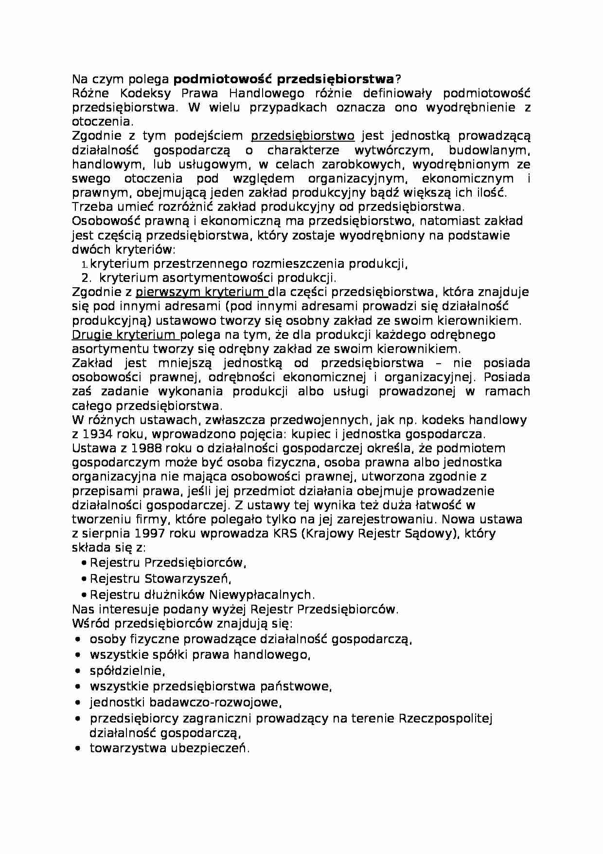 Podmiotowość przedsiębiorstwa-opracowanie - strona 1